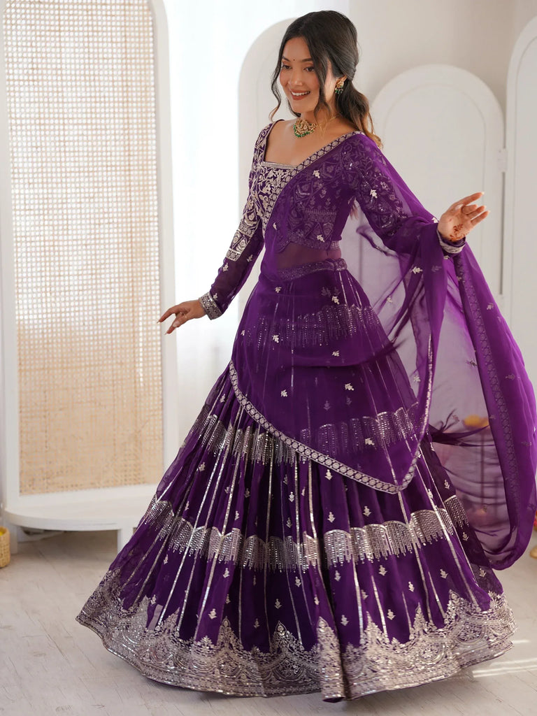 Classy Purple Thread Work Georgette Sangeet Wear Lehenga Choli