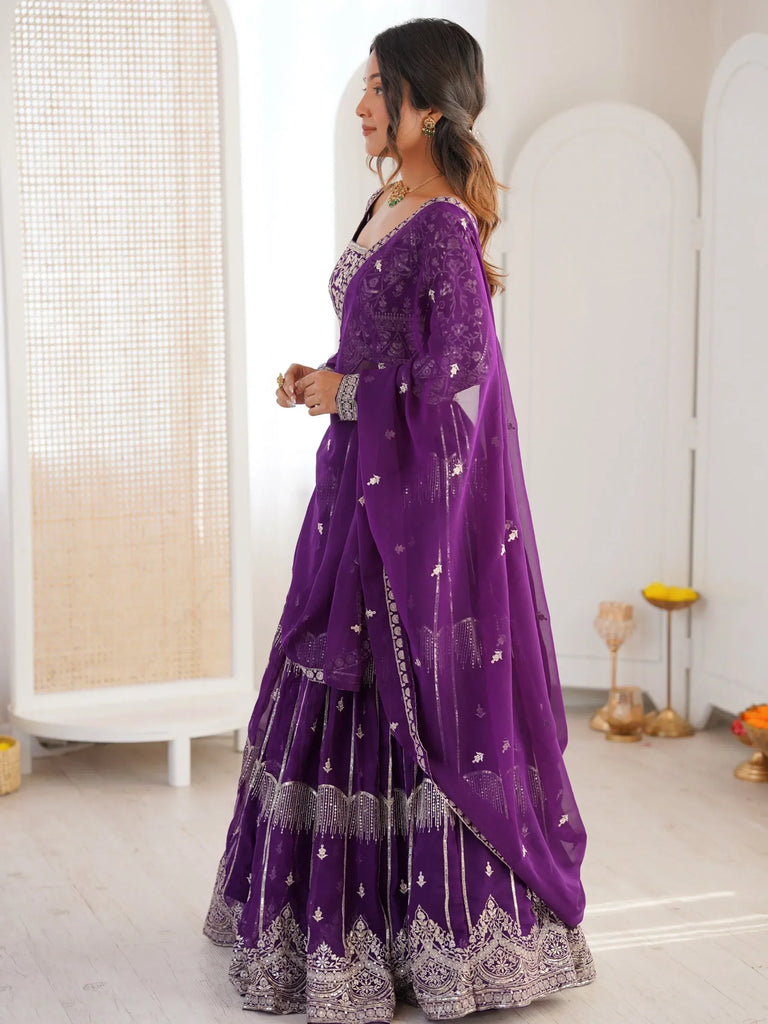 Classy Purple Thread Work Georgette Sangeet Wear Lehenga Choli