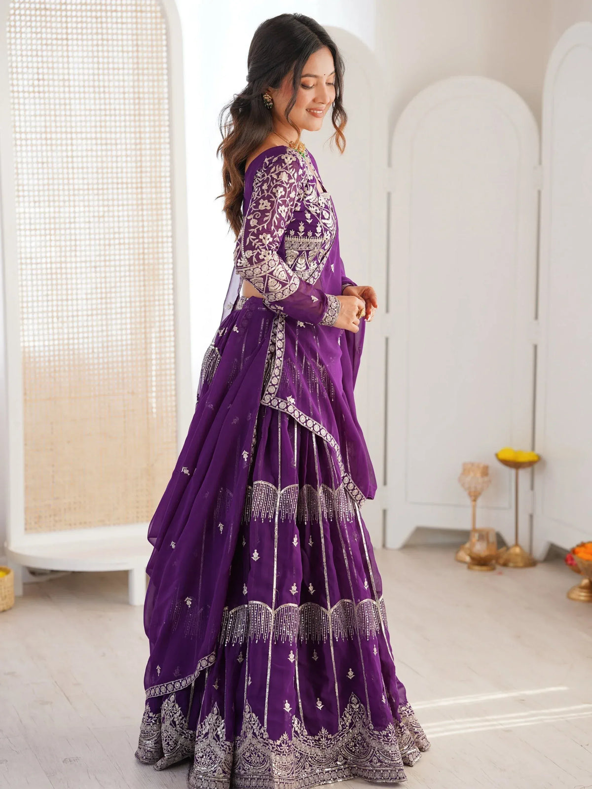 Classy Purple Thread Work Georgette Sangeet Wear Lehenga Choli