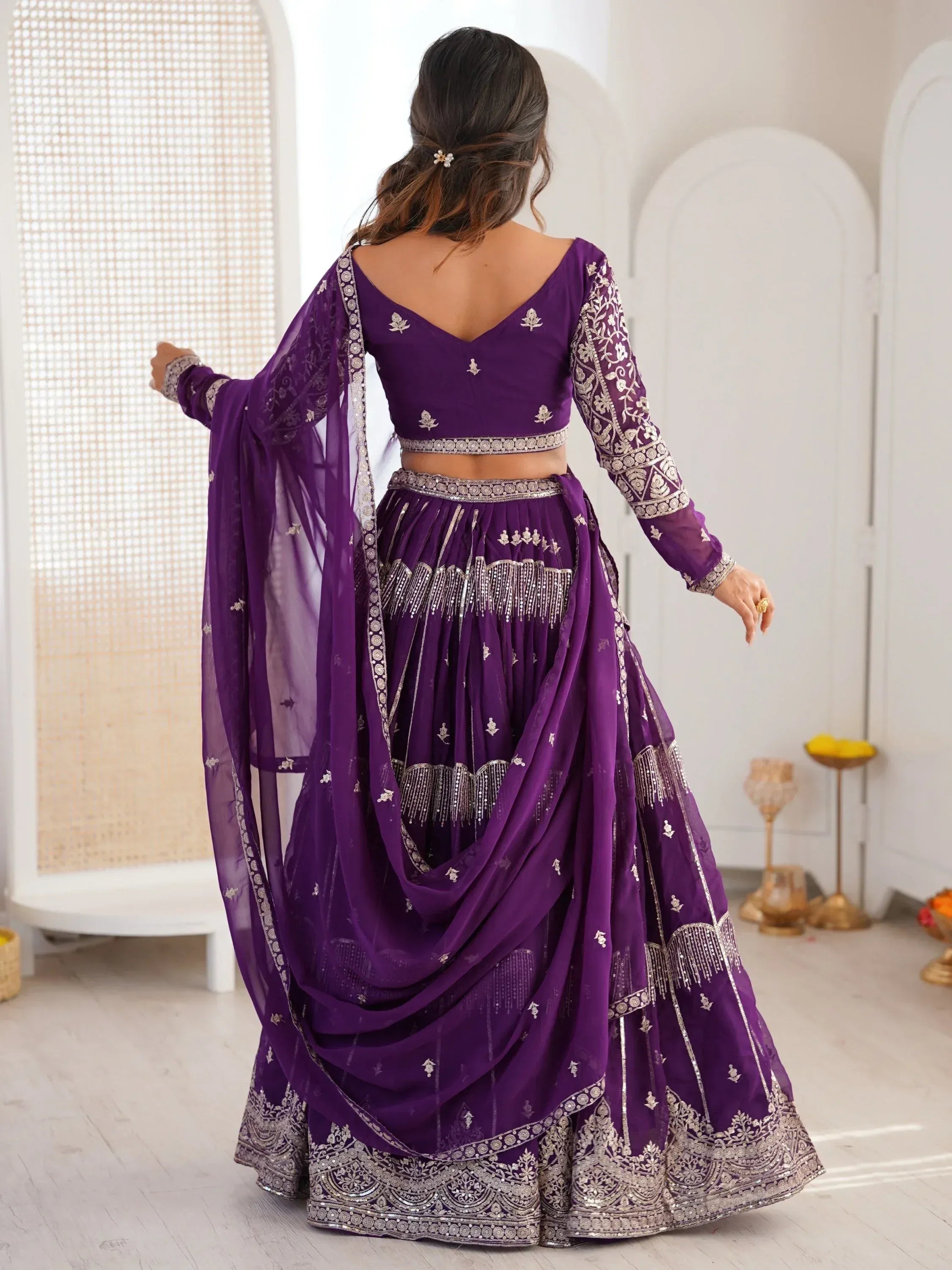 Classy Purple Thread Work Georgette Sangeet Wear Lehenga Choli