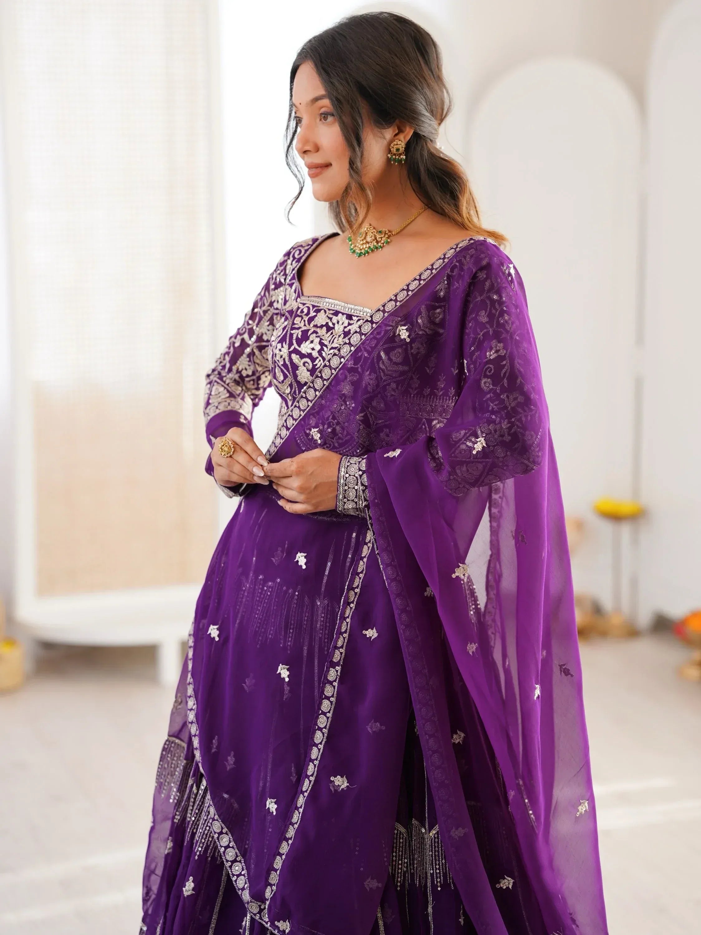 Classy Purple Thread Work Georgette Sangeet Wear Lehenga Choli