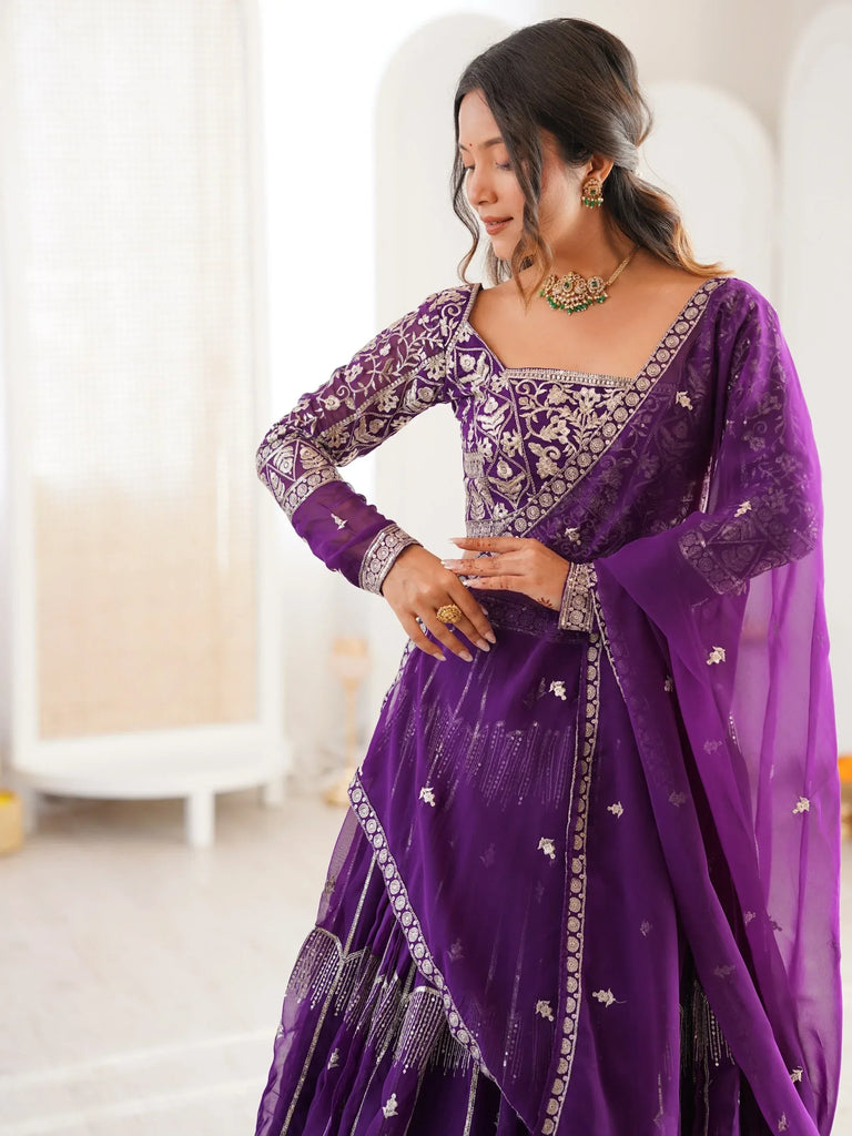 Classy Purple Thread Work Georgette Sangeet Wear Lehenga Choli