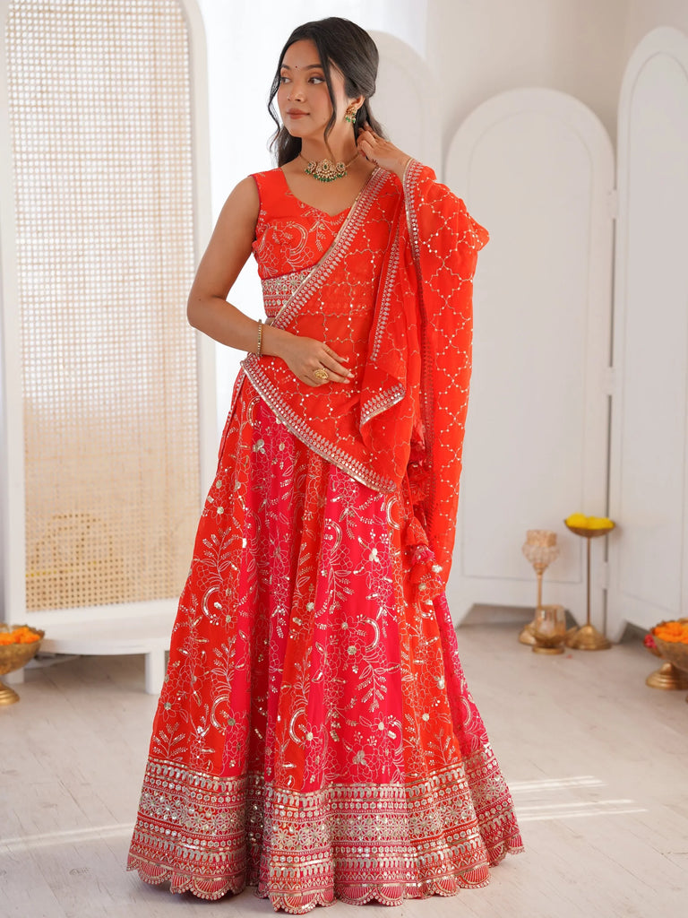 Stunning Orange Thread Work Georgette Function Wear Lehenga Choli