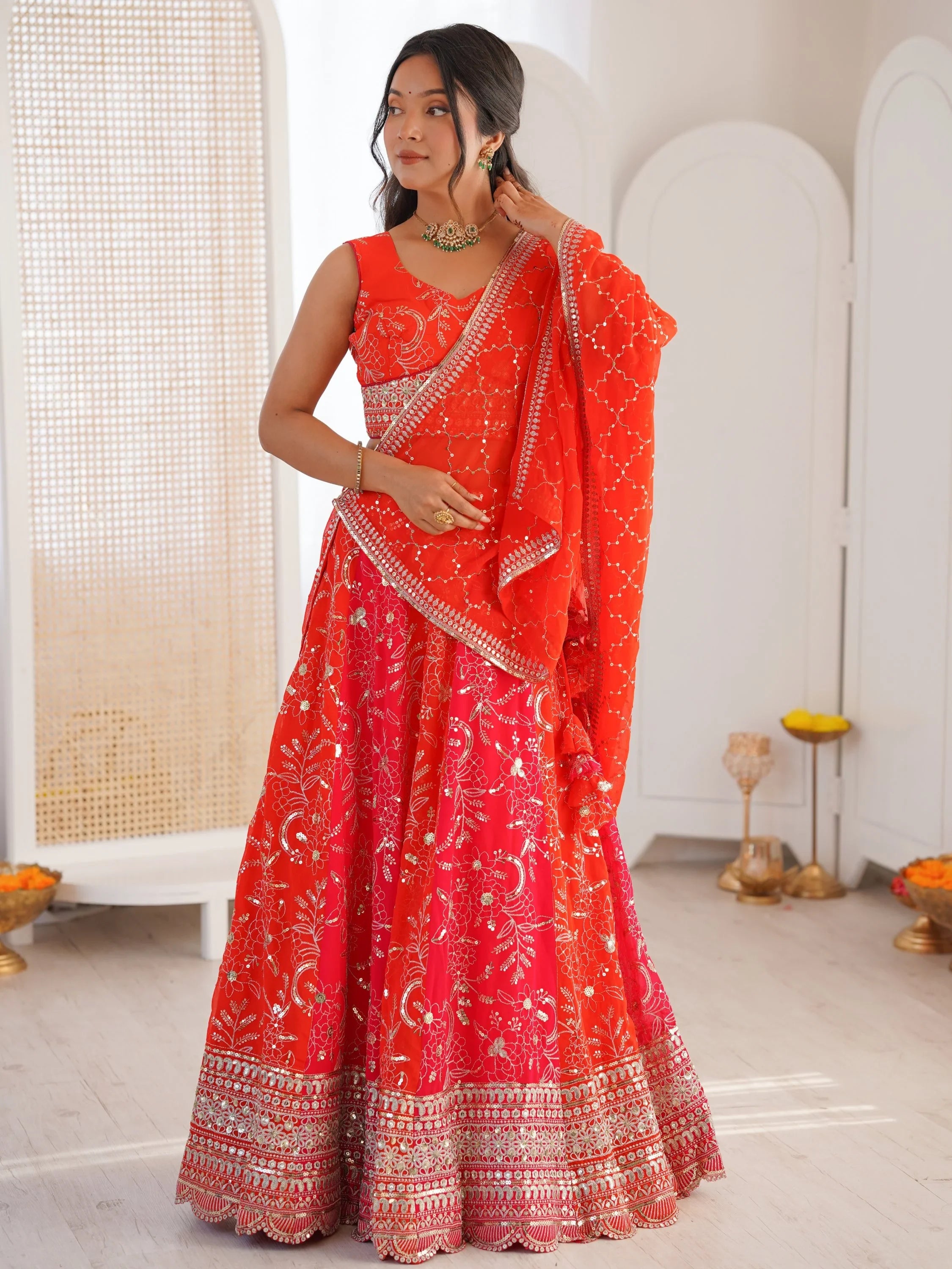 Stunning Orange Thread Work Georgette Function Wear Lehenga Choli