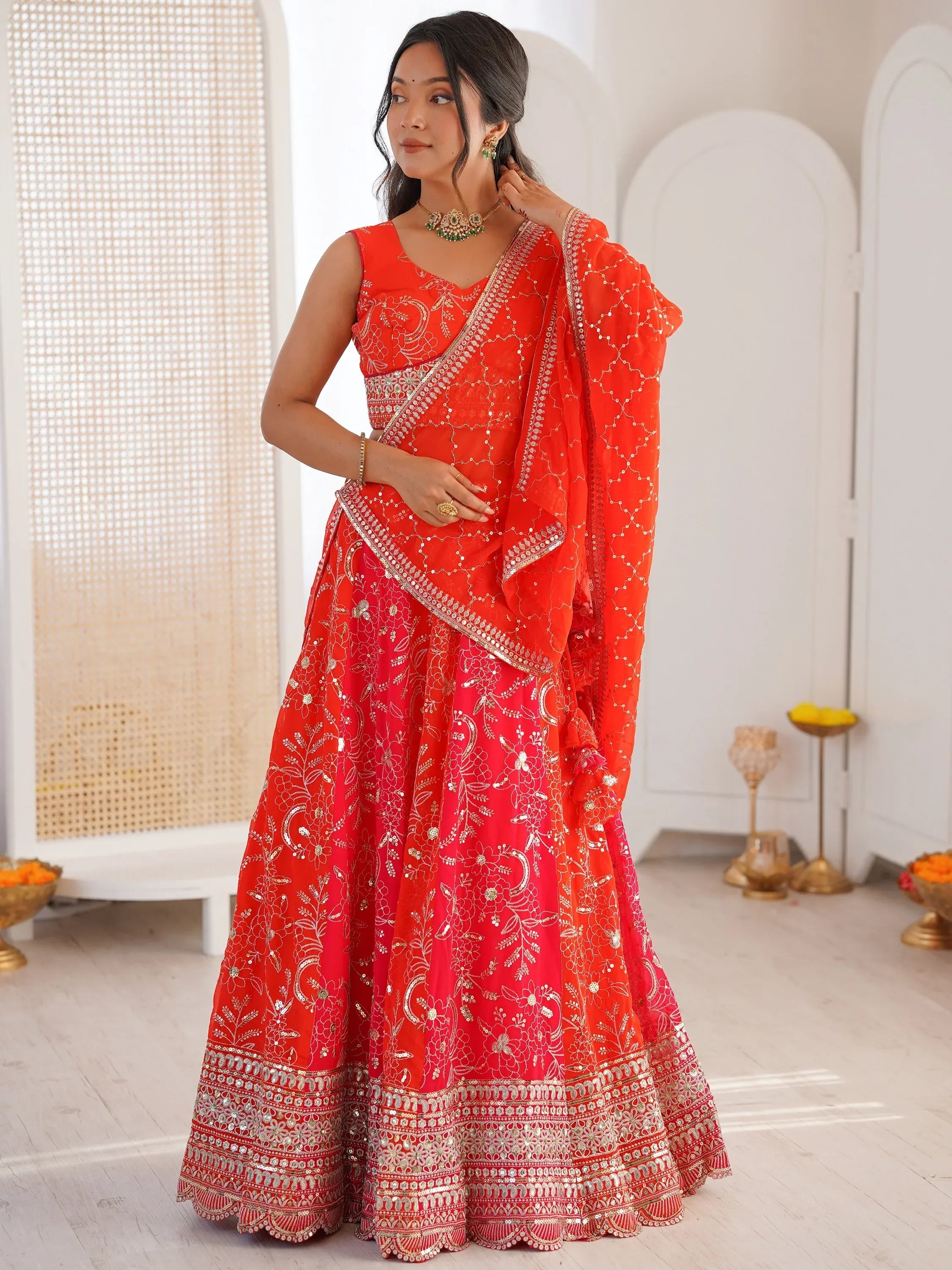 Attractive Orange Dori Work Crepe Festival Wear Lehenga Choli With Dupatta