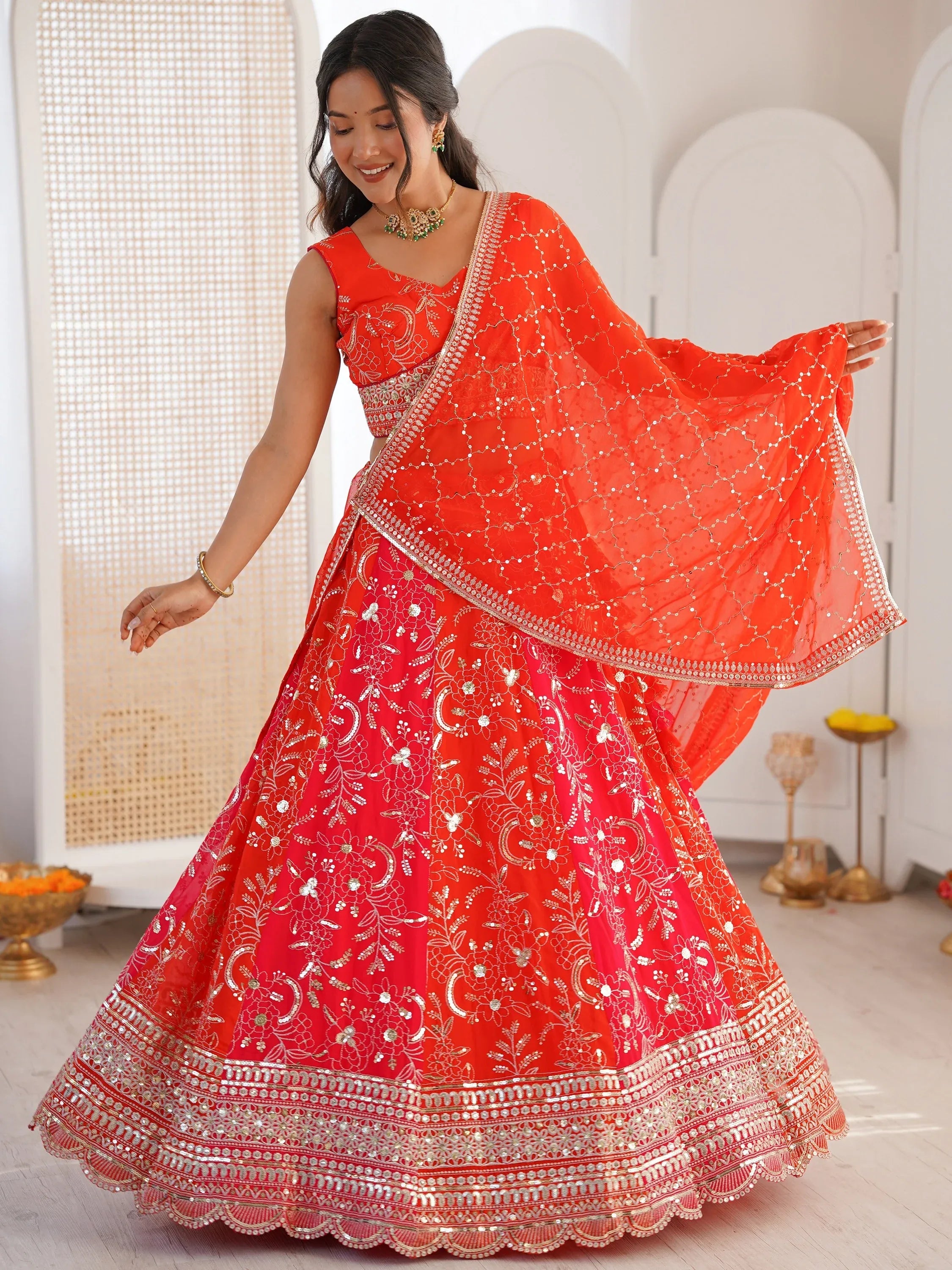 Attractive Orange Dori Work Crepe Festival Wear Lehenga Choli With Dupatta