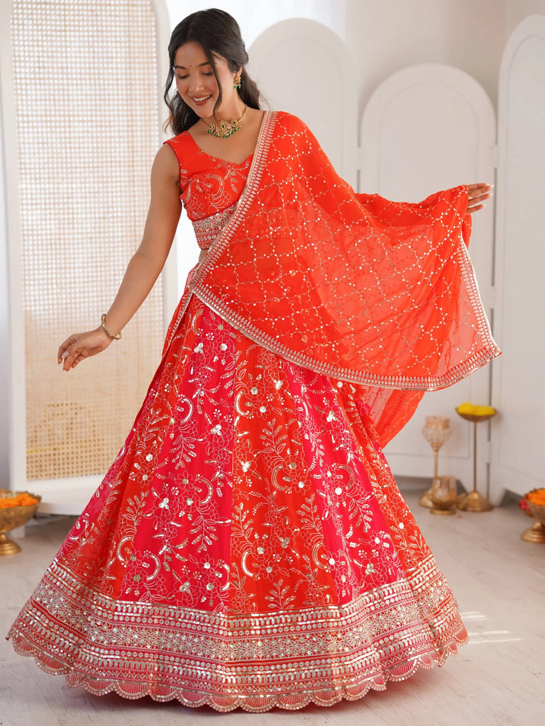 Stunning Orange Thread Work Georgette Function Wear Lehenga Choli