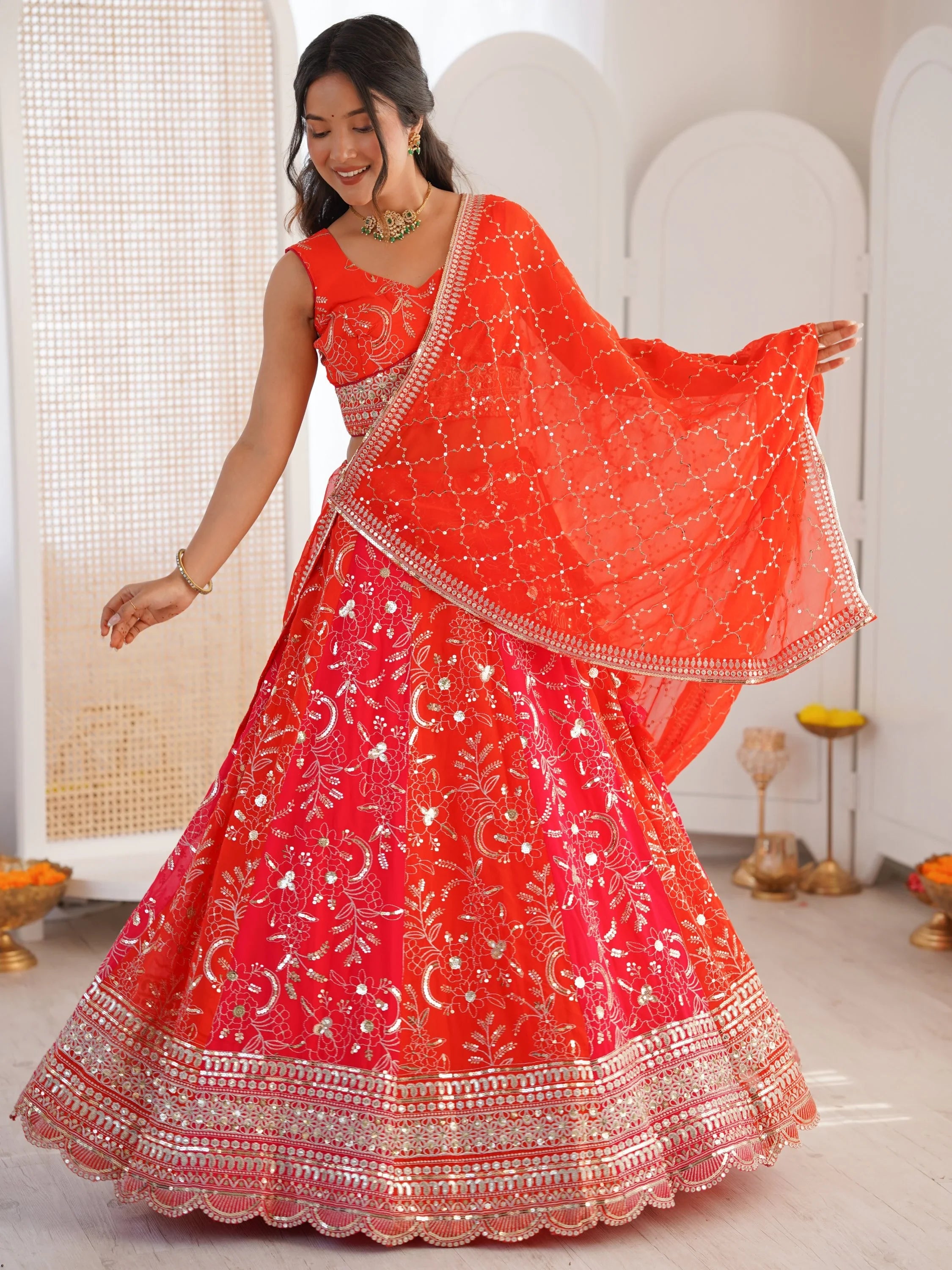 Stunning Orange Thread Work Georgette Function Wear Lehenga Choli