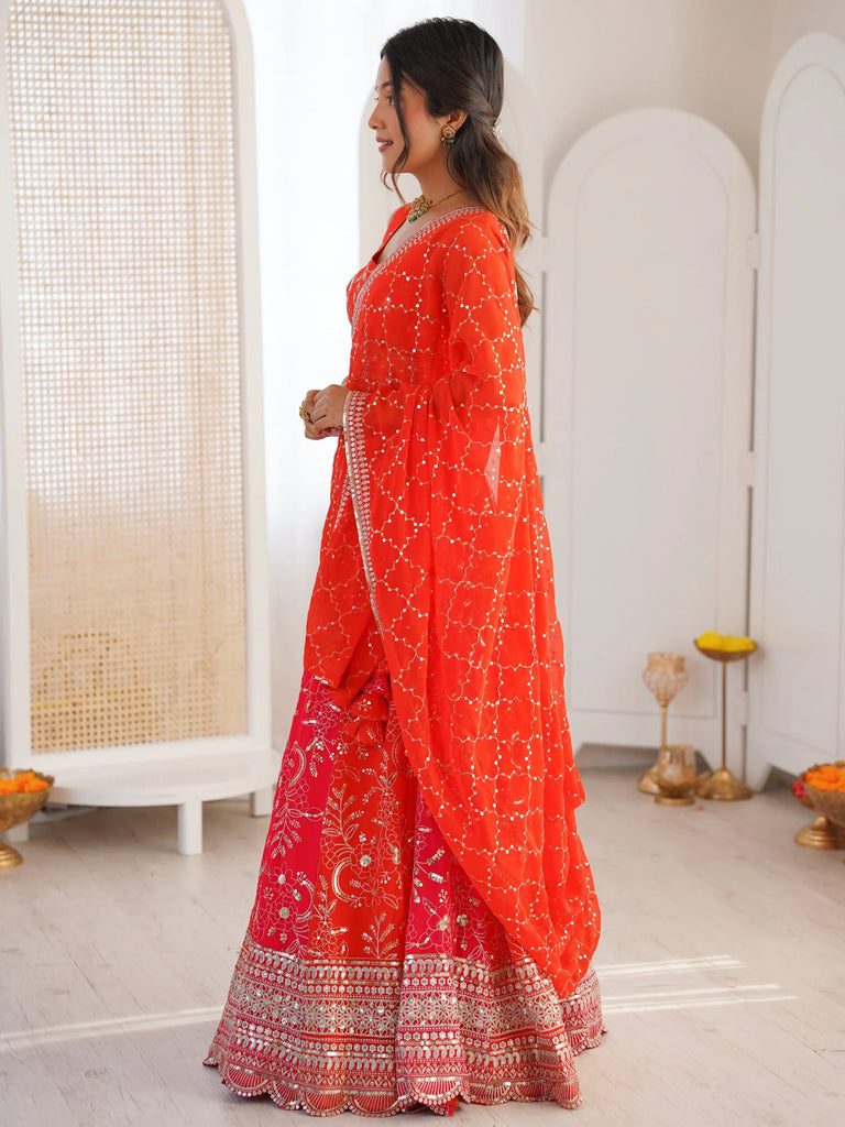 Stunning Orange Thread Work Georgette Function Wear Lehenga Choli