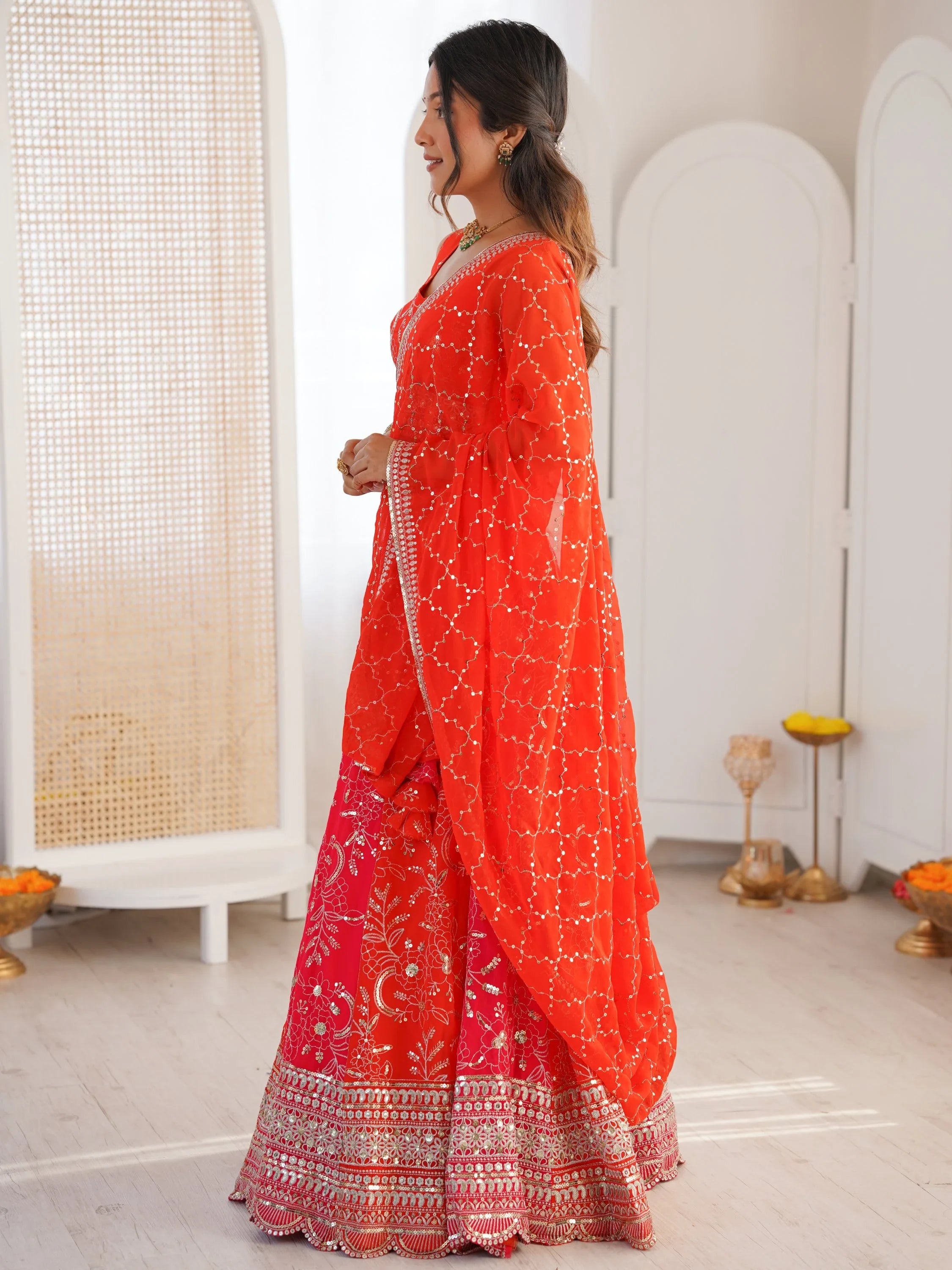 Stunning Orange Thread Work Georgette Function Wear Lehenga Choli
