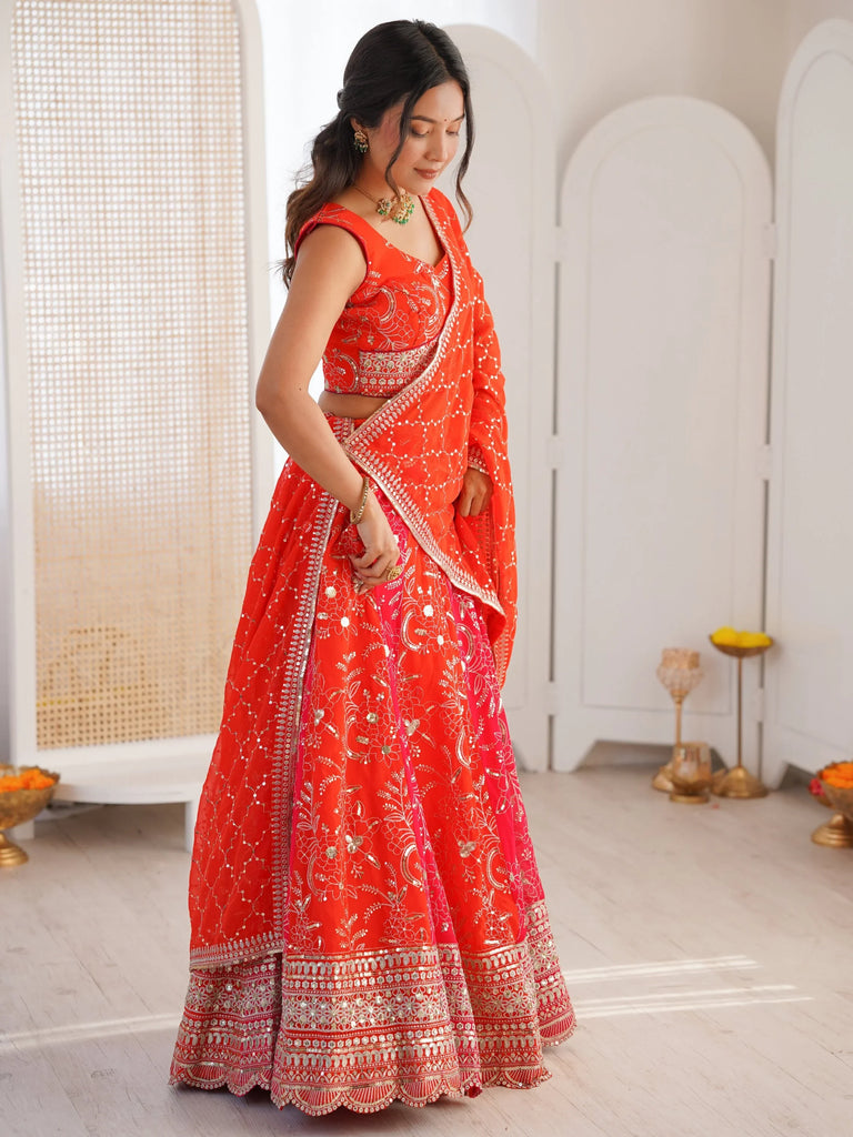 Stunning Orange Thread Work Georgette Function Wear Lehenga Choli
