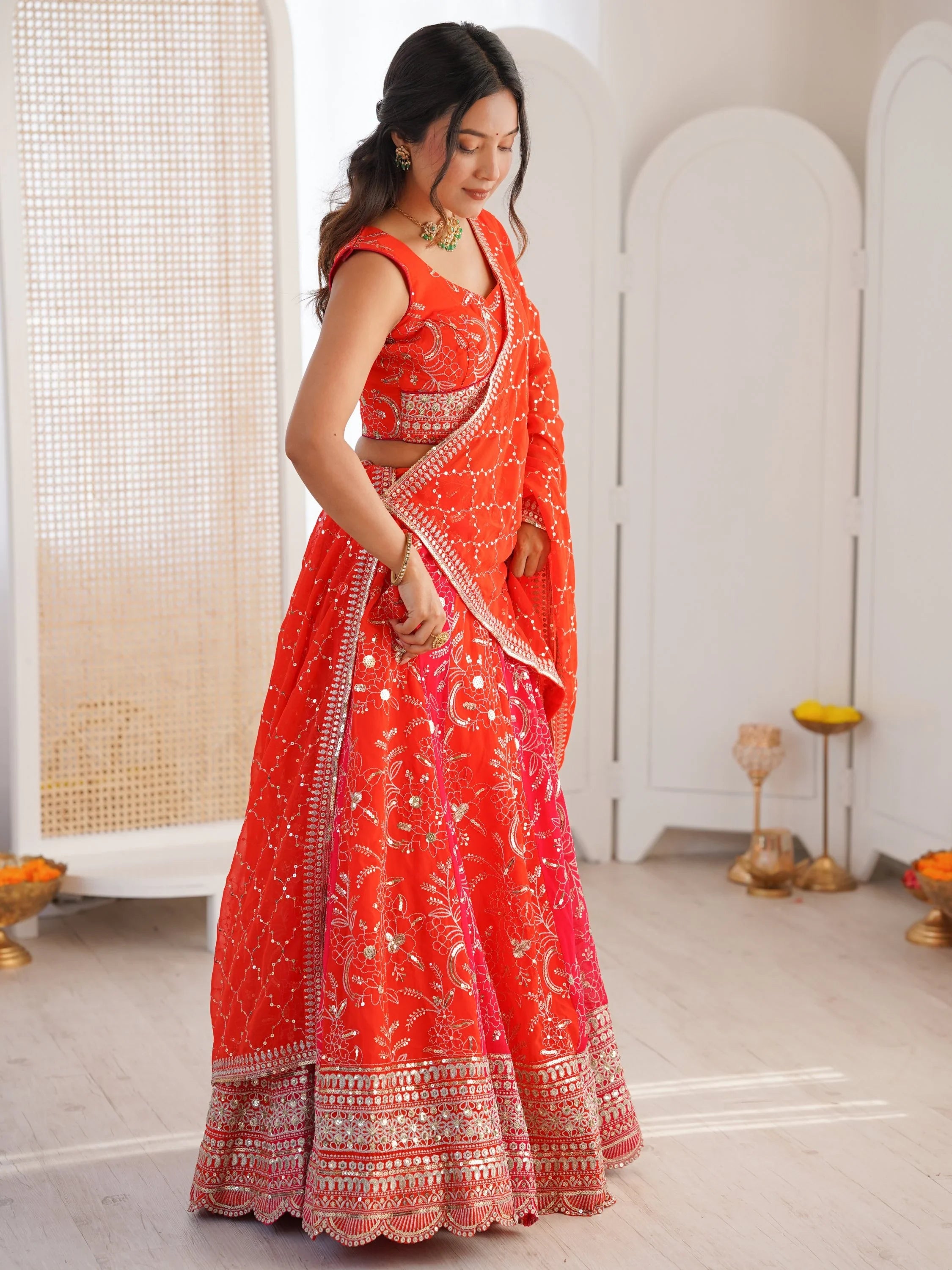 Stunning Orange Thread Work Georgette Function Wear Lehenga Choli