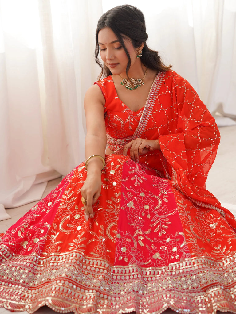 Stunning Orange Thread Work Georgette Function Wear Lehenga Choli