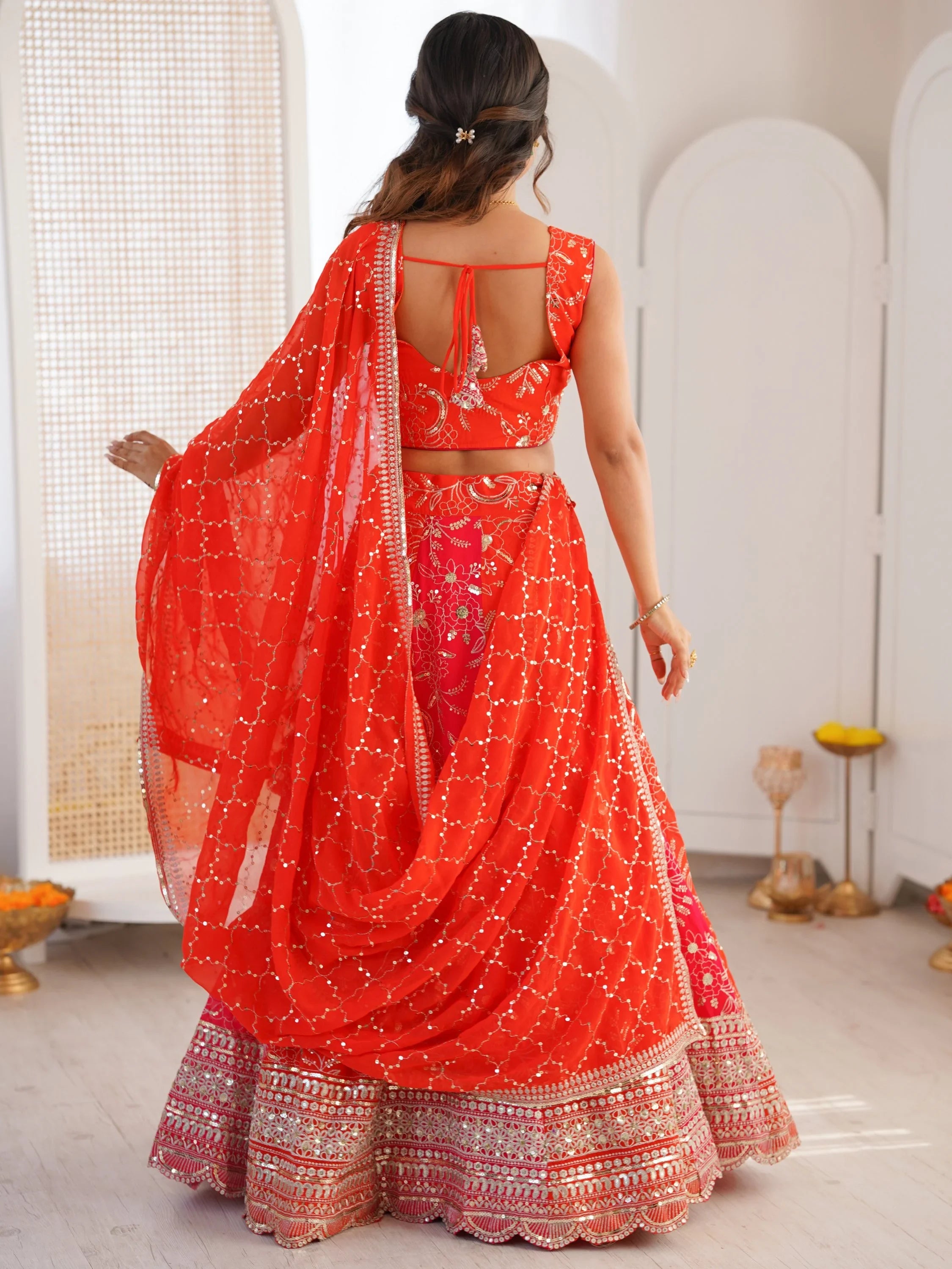Stunning Orange Thread Work Georgette Function Wear Lehenga Choli