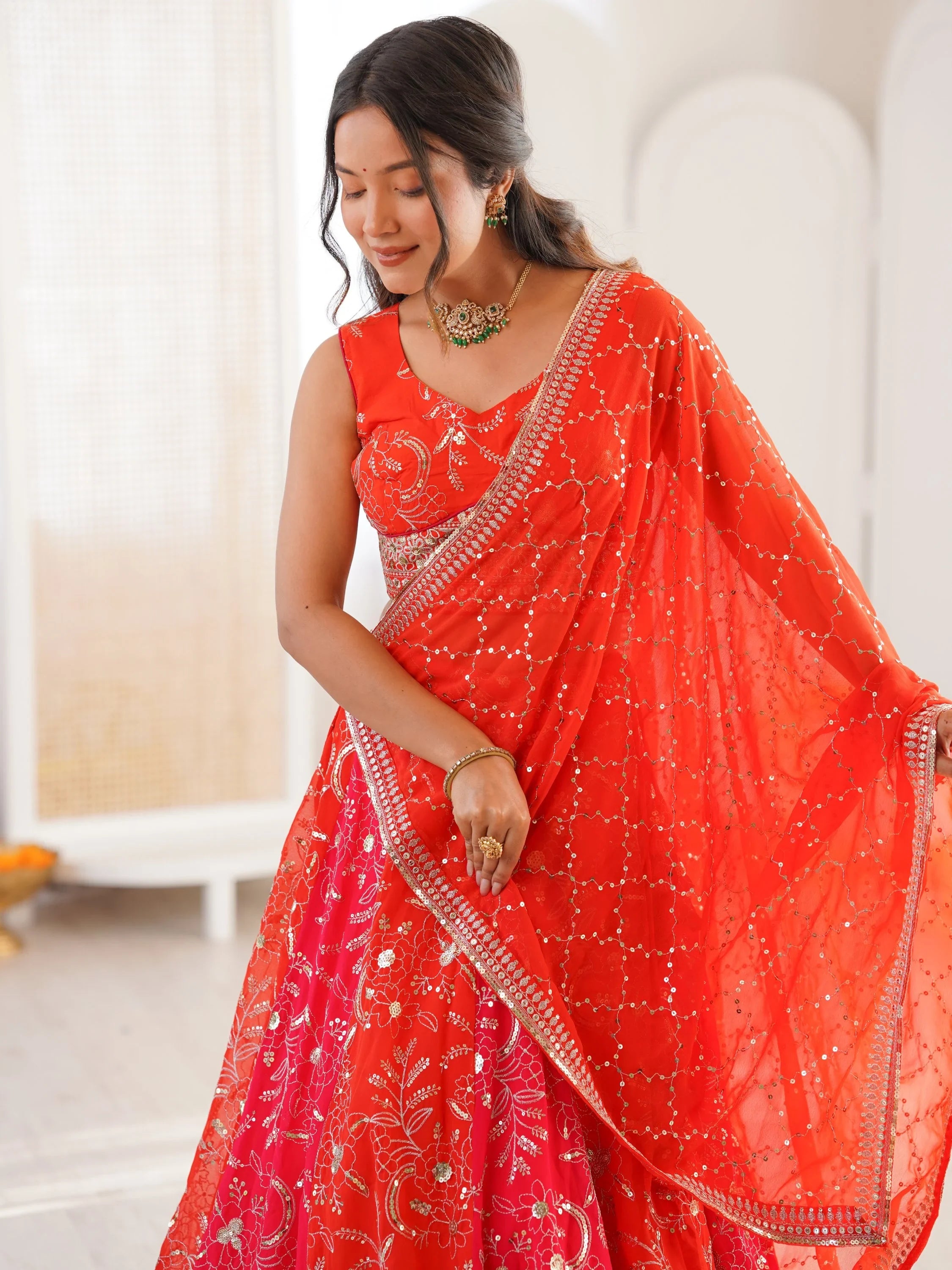 Stunning Orange Thread Work Georgette Function Wear Lehenga Choli