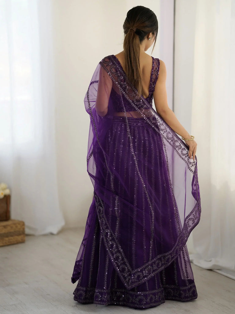 Rich Wine Net Sequins Work Wedding Wear Lehenga Choli With Dupatta