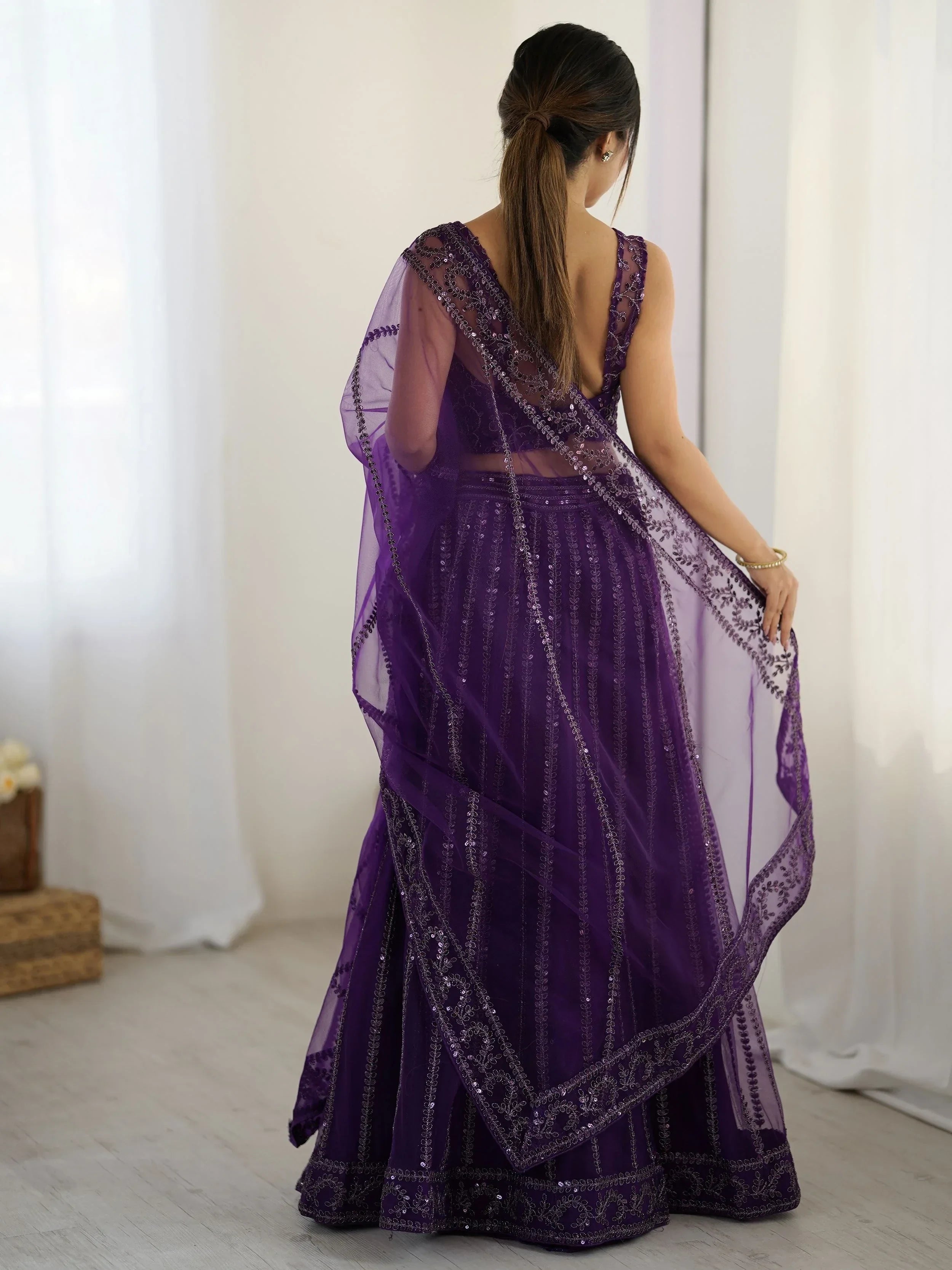 Rich Wine Net Sequins Work Wedding Wear Lehenga Choli With Dupatta