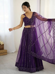 Rich Wine Net Sequins Work Wedding Wear Lehenga Choli With Dupatta