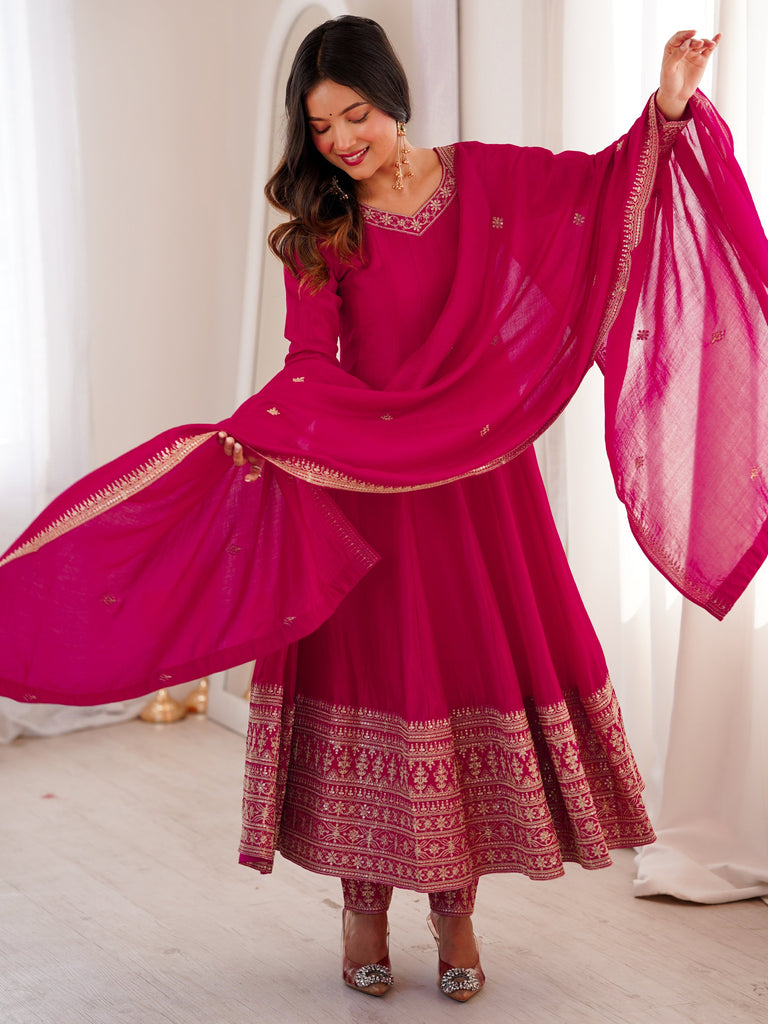 Pretty Pink Dori Embroidered Silk Engagement Wear Anarkali Pant Suit