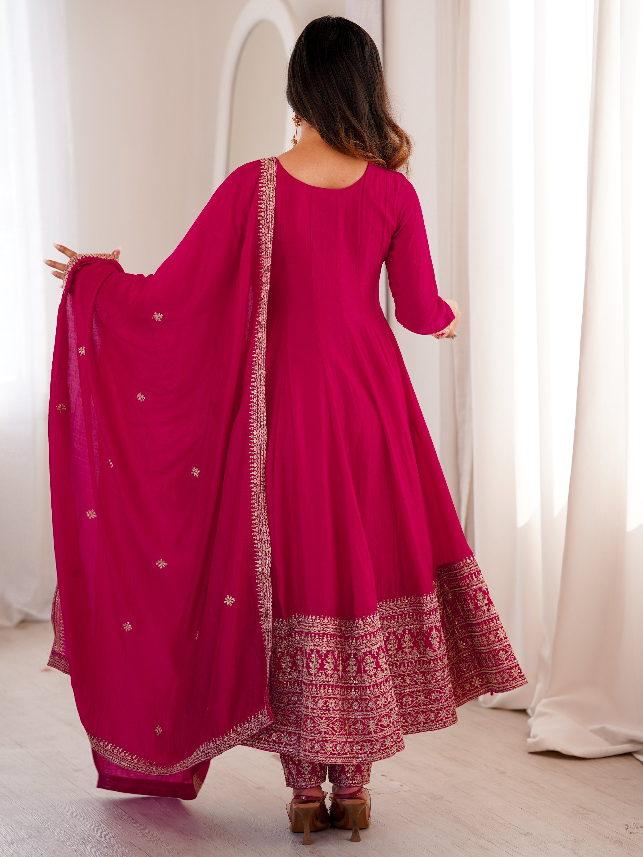Pretty Pink Dori Embroidered Silk Engagement Wear Anarkali Pant Suit