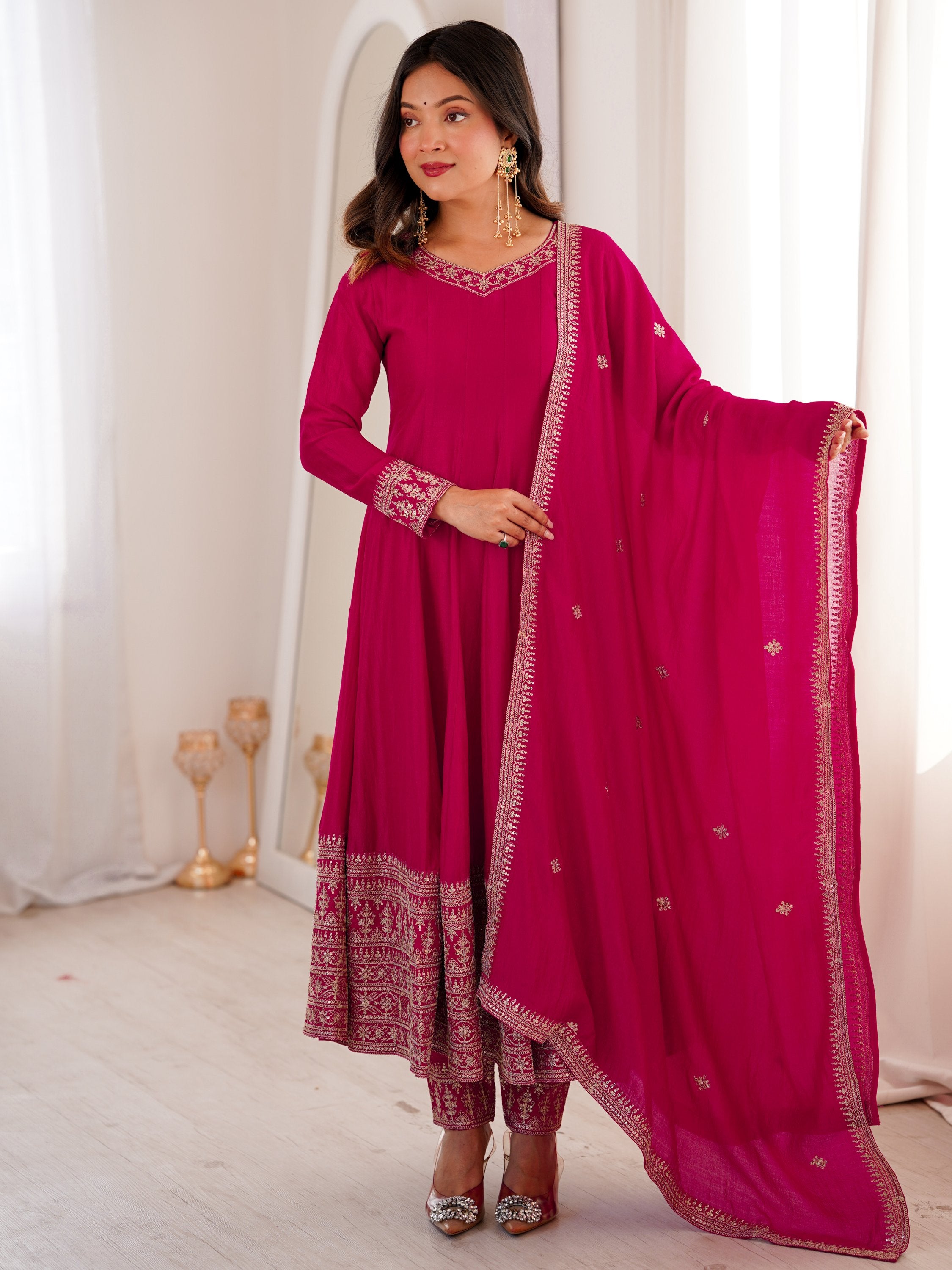 Pretty Pink Dori Embroidered Silk Engagement Wear Anarkali Pant Suit