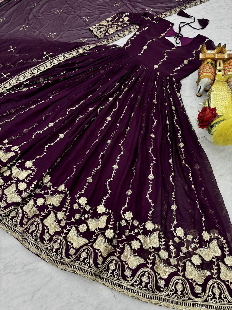 Fantastic Wine Embroidered Georgette Wedding Wear Gown With Dupatta
