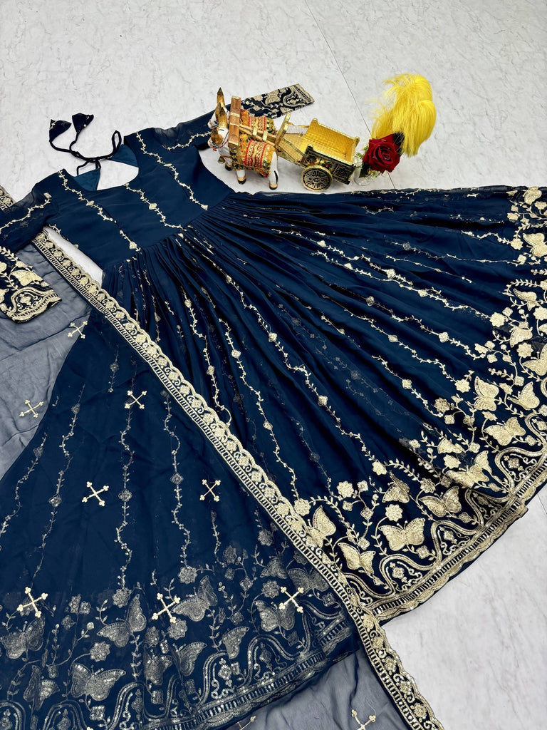 Classic Teal Blue Sequins Georgette Festive Wear Gown With Dupatta