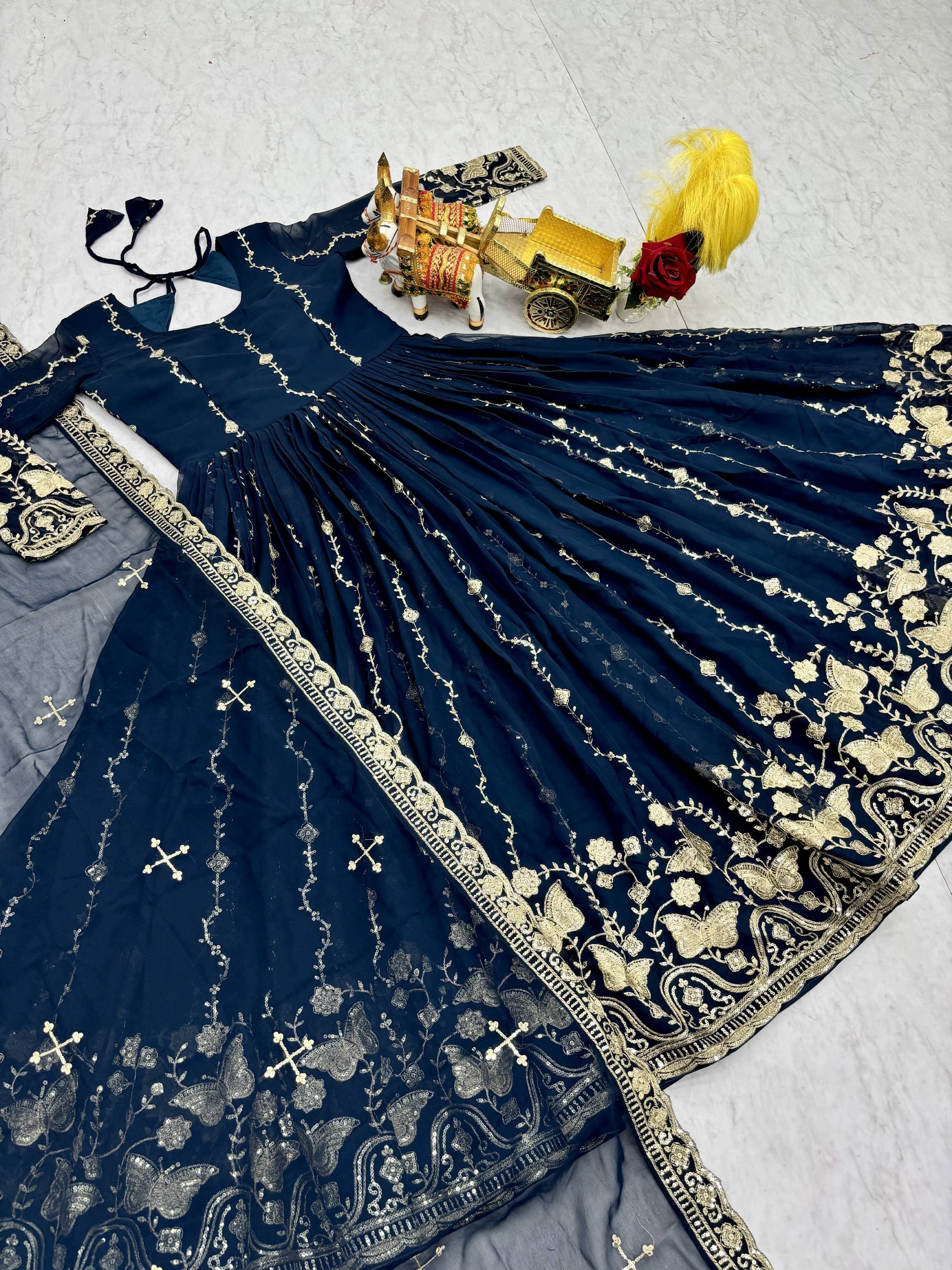 Classic Teal Blue Sequins Georgette Festive Wear Gown With Dupatta