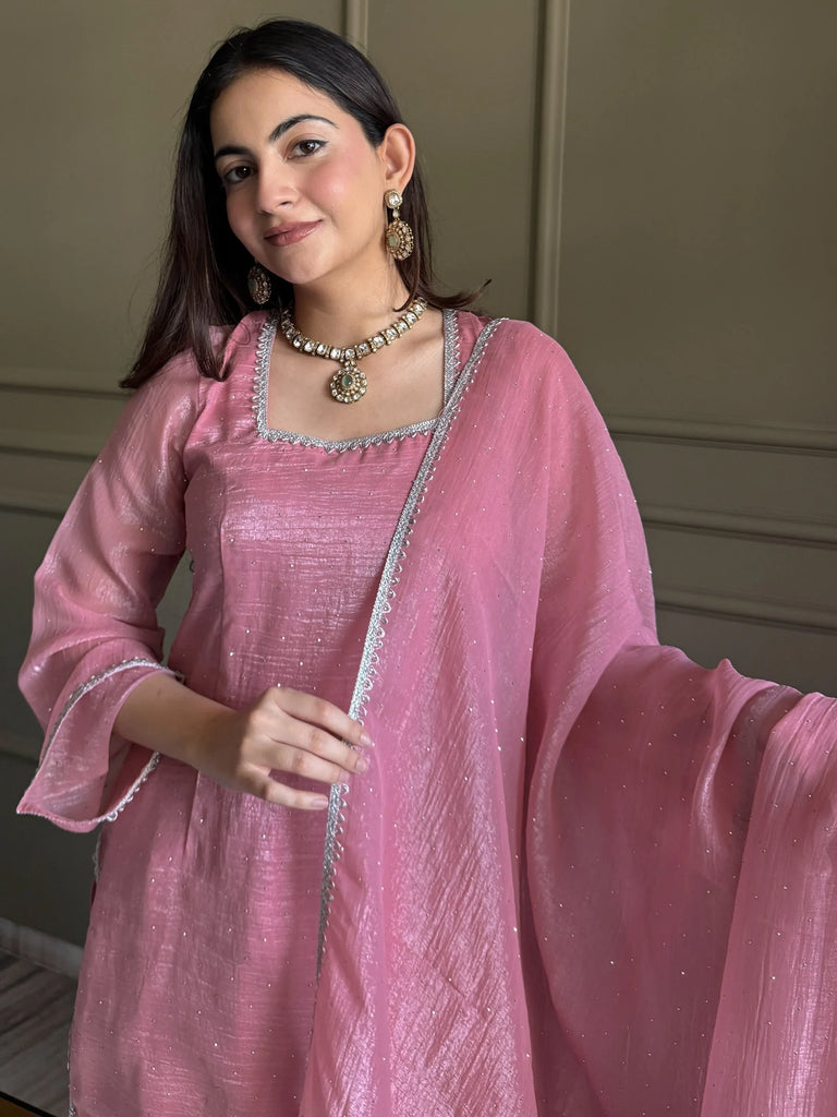 Delightful Pink Lace Border Silk Designer Salwar Suit