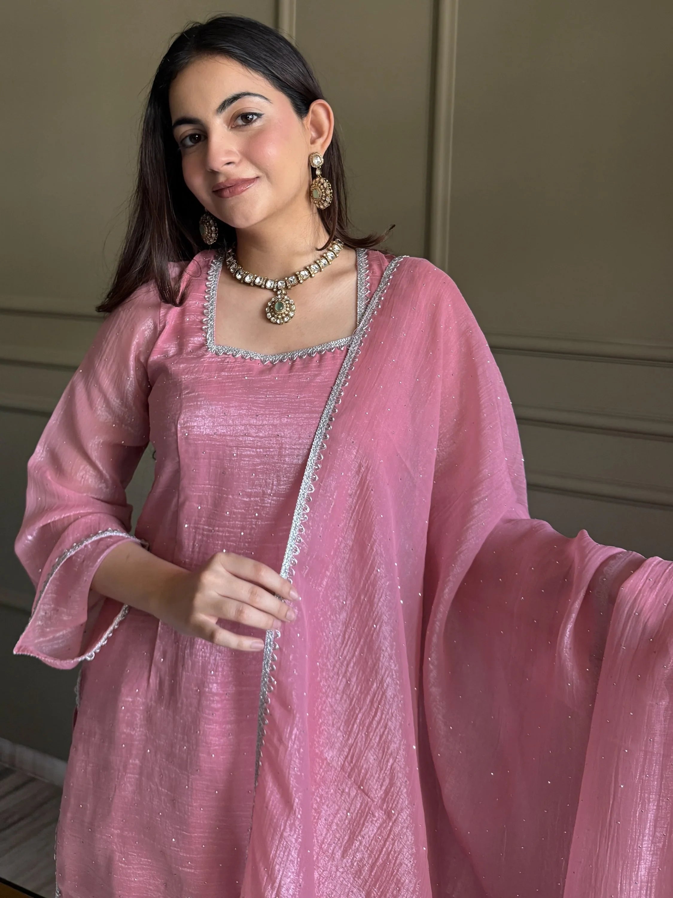 Delightful Pink Lace Border Silk Designer Salwar Suit