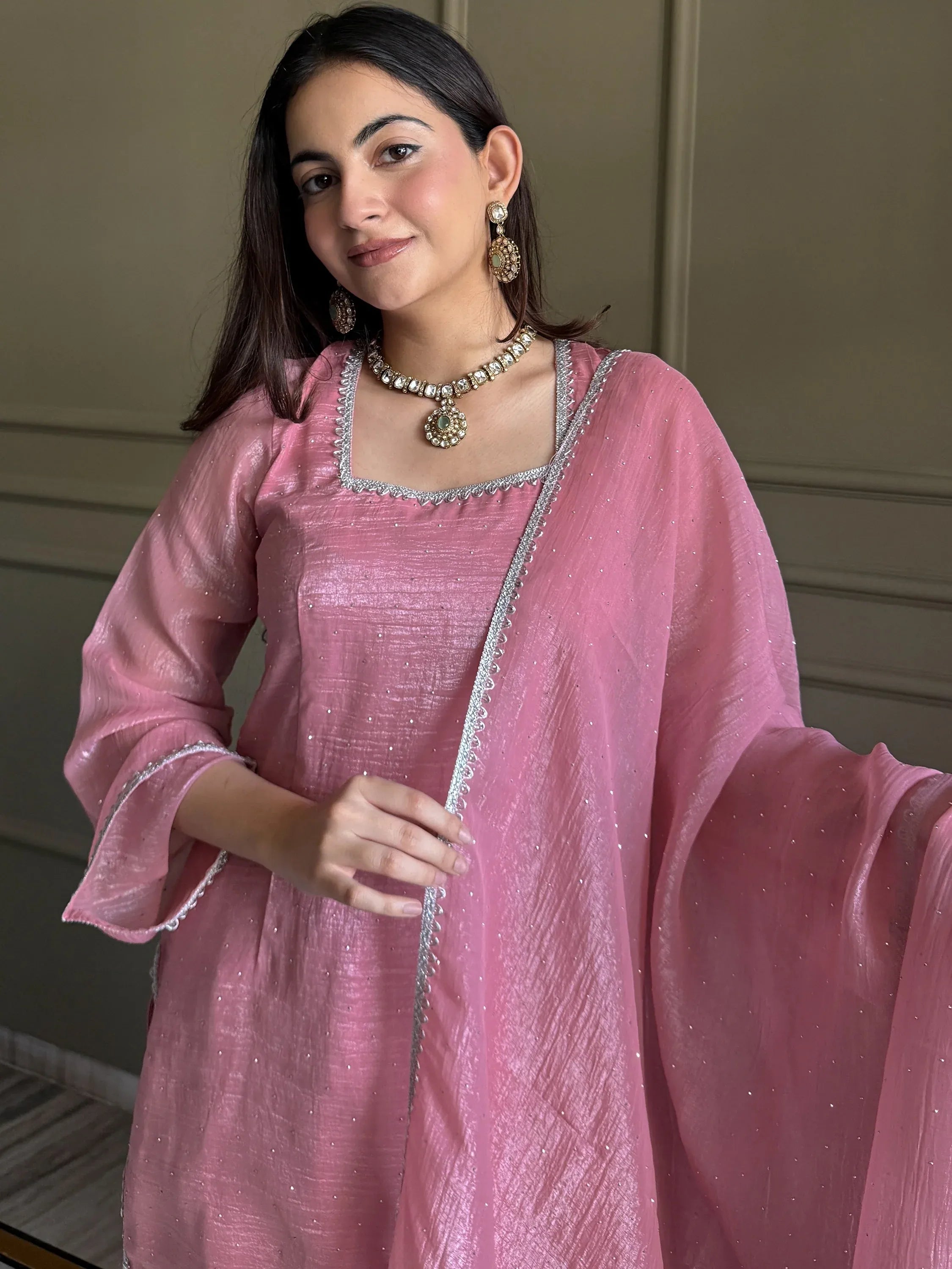 Delightful Pink Lace Border Silk Designer Salwar Suit