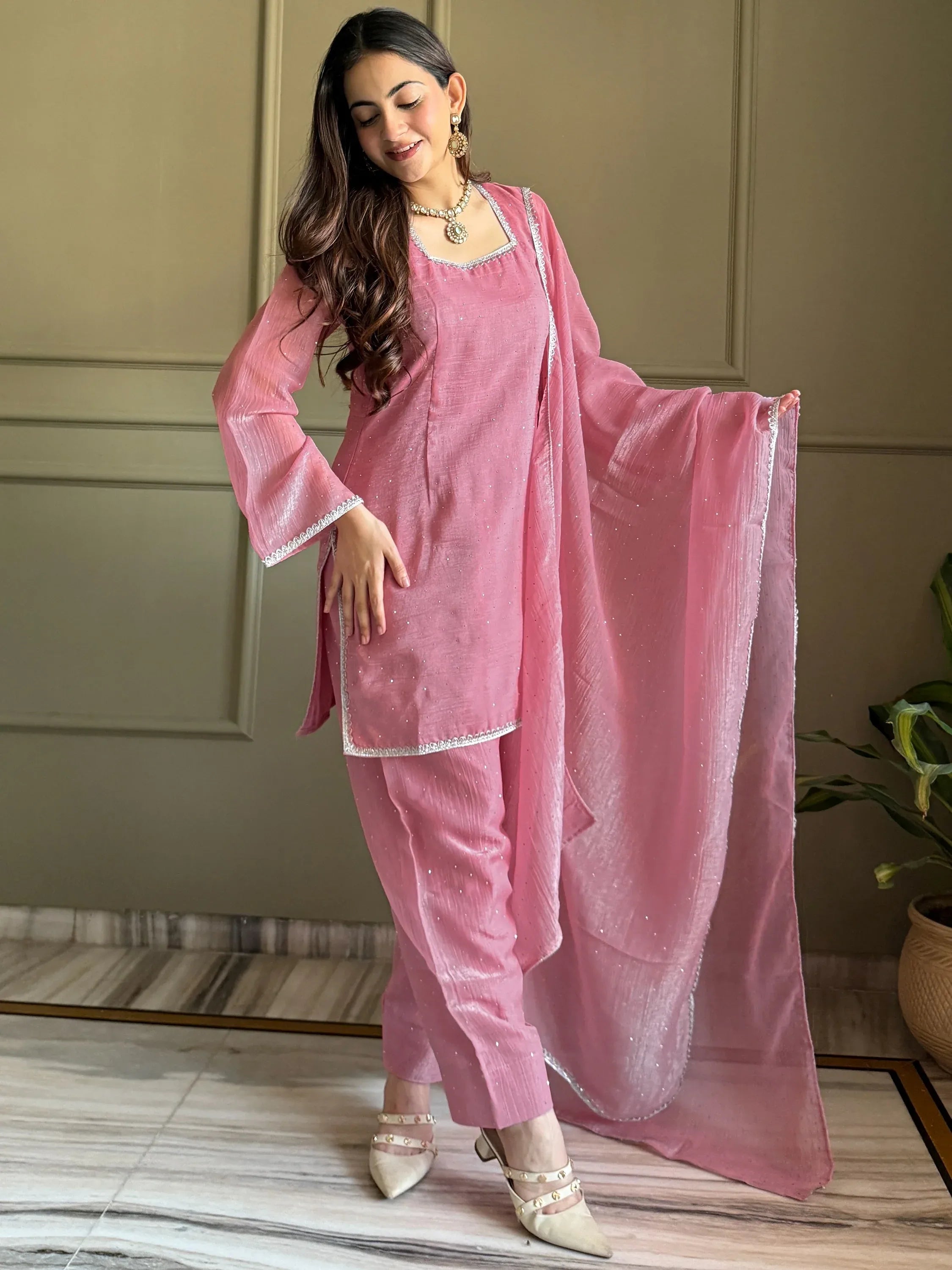Delightful Pink Lace Border Silk Designer Salwar Suit