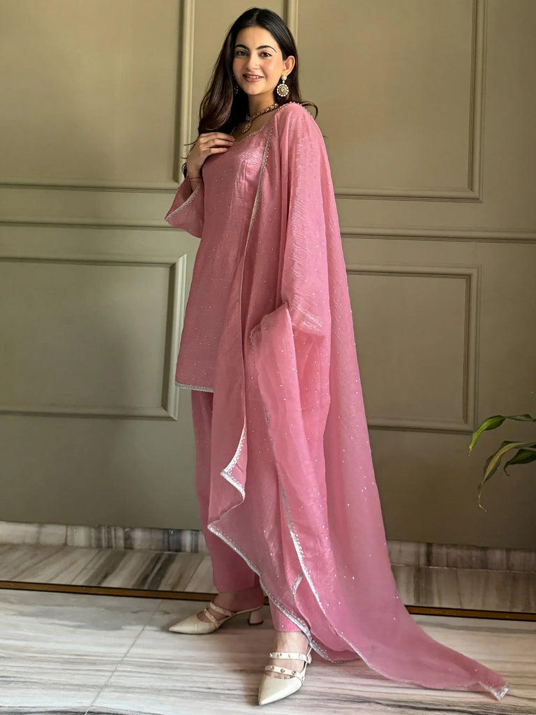 Delightful Pink Lace Border Silk Designer Salwar Suit