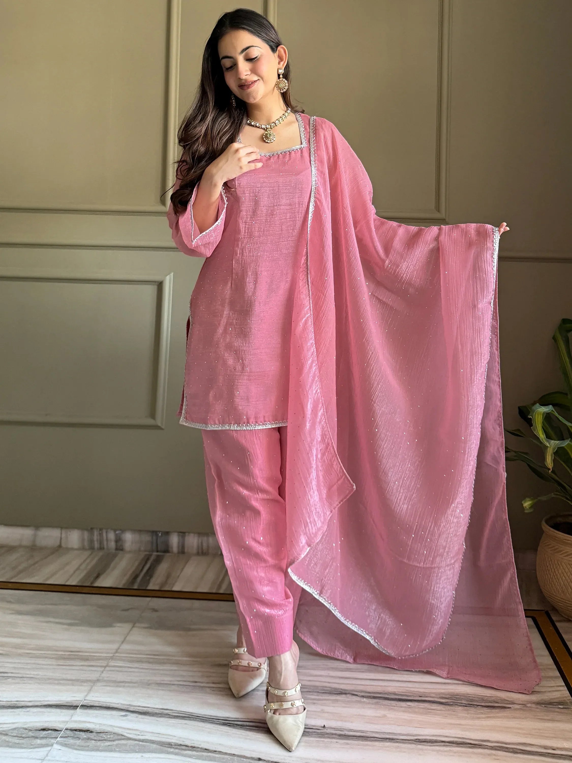 Delightful Pink Lace Border Silk Designer Salwar Suit