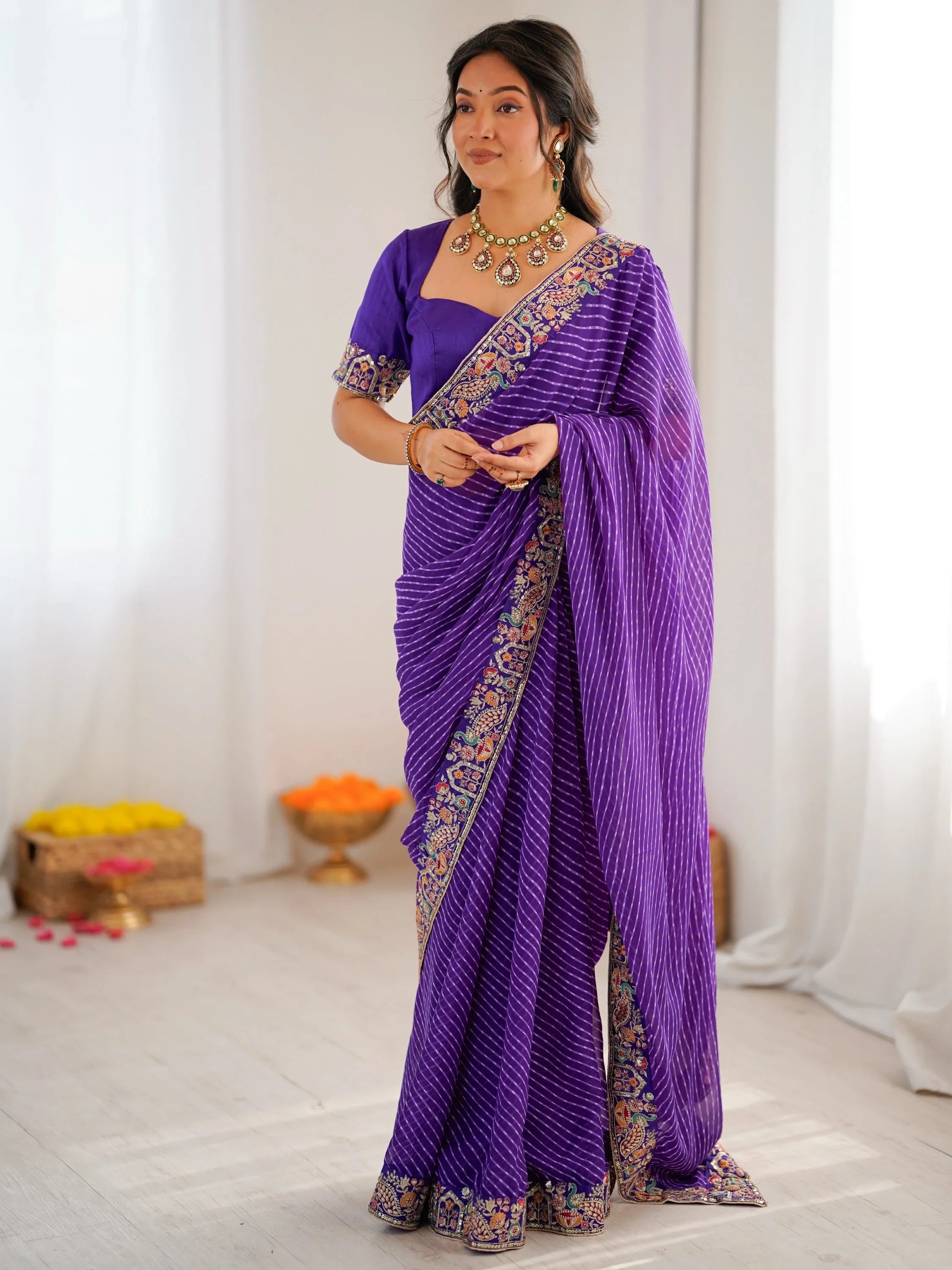 Super Purple Border Work Georgette Function Wear Saree With Blouse