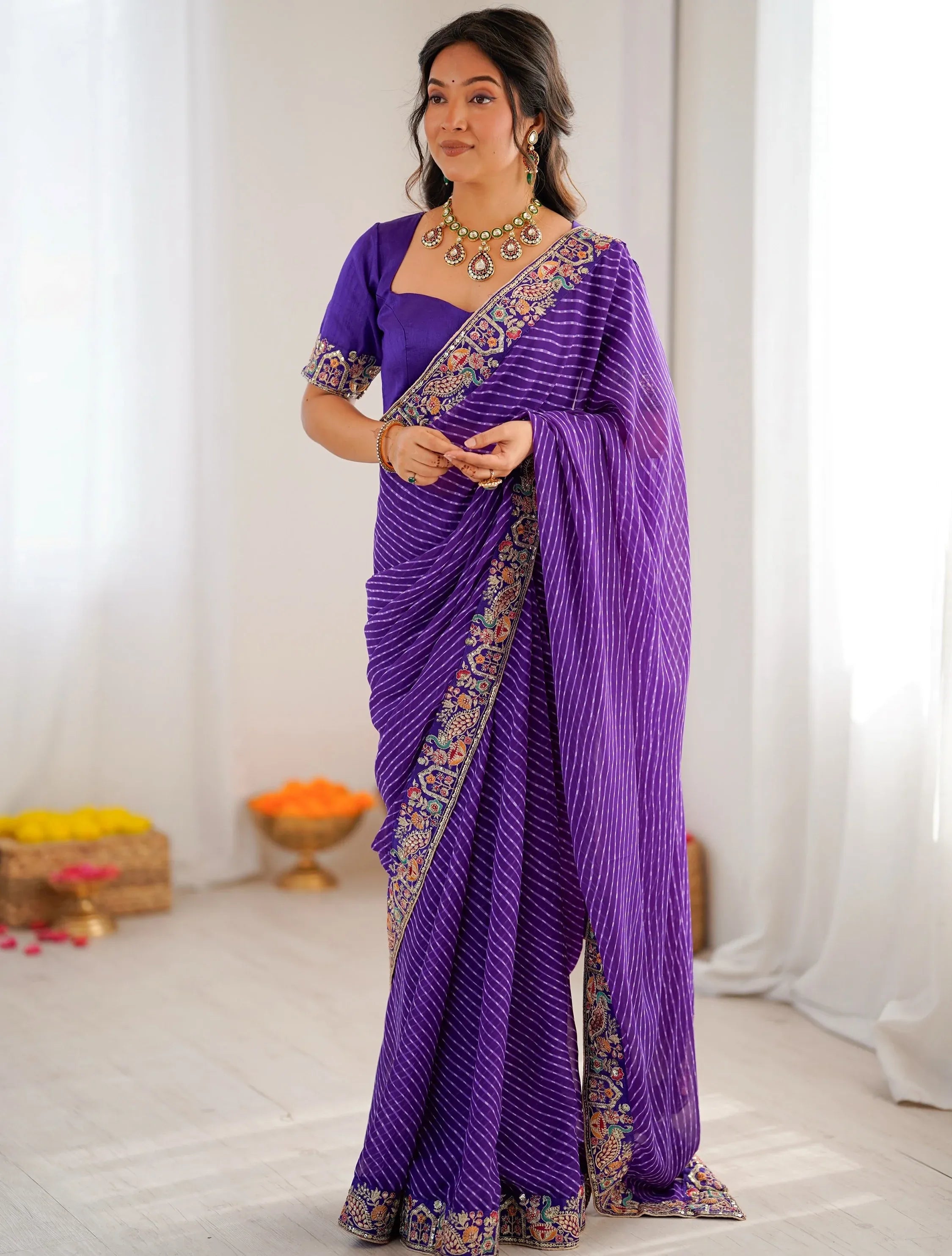 Super Purple Border Work Georgette Function Wear Saree With Blouse