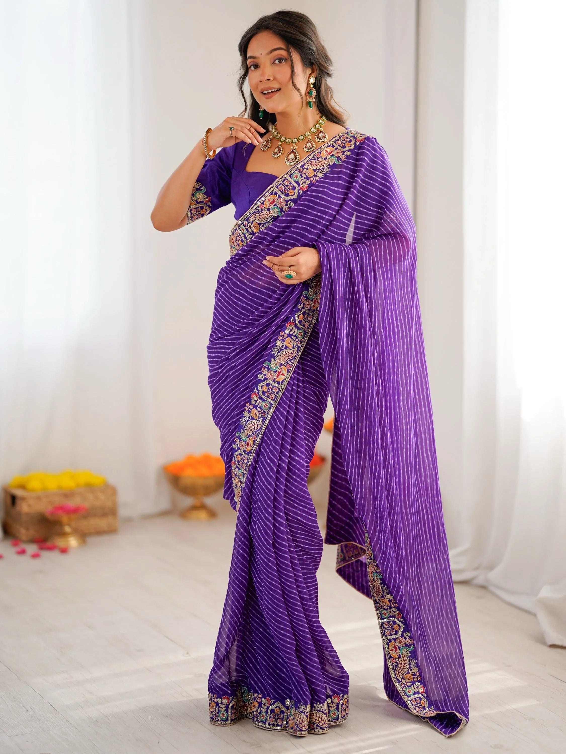 Super Purple Border Work Georgette Function Wear Saree With Blouse
