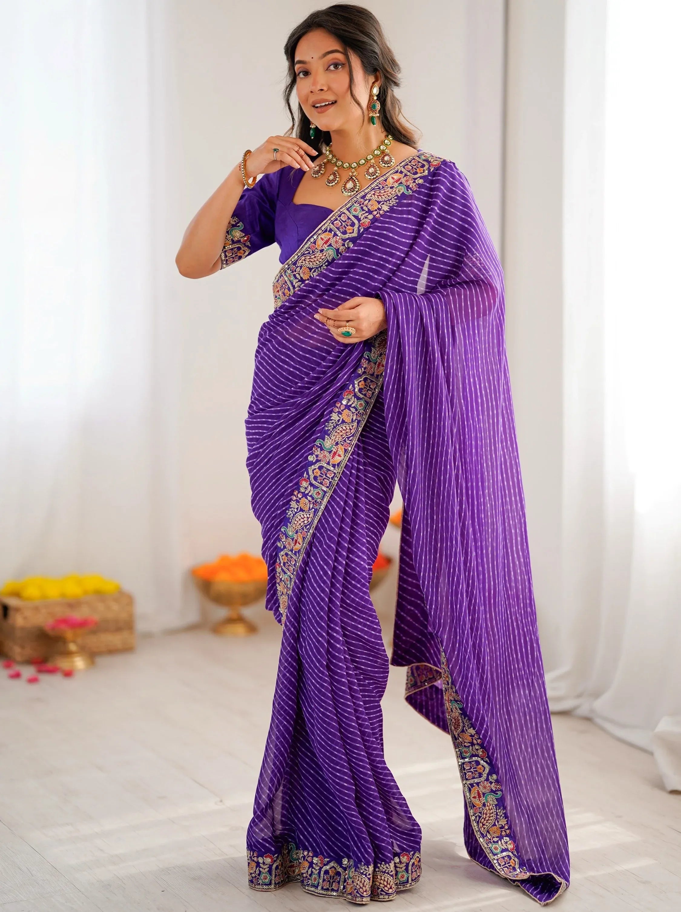 Super Purple Border Work Georgette Function Wear Saree With Blouse