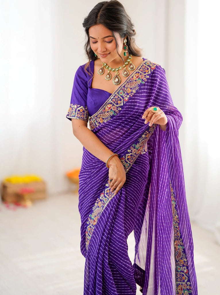 Super Purple Border Work Georgette Function Wear Saree With Blouse