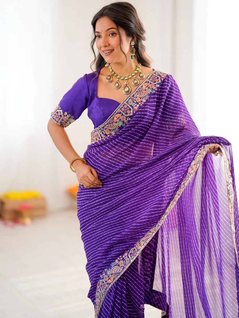 Super Purple Border Work Georgette Function Wear Saree With Blouse