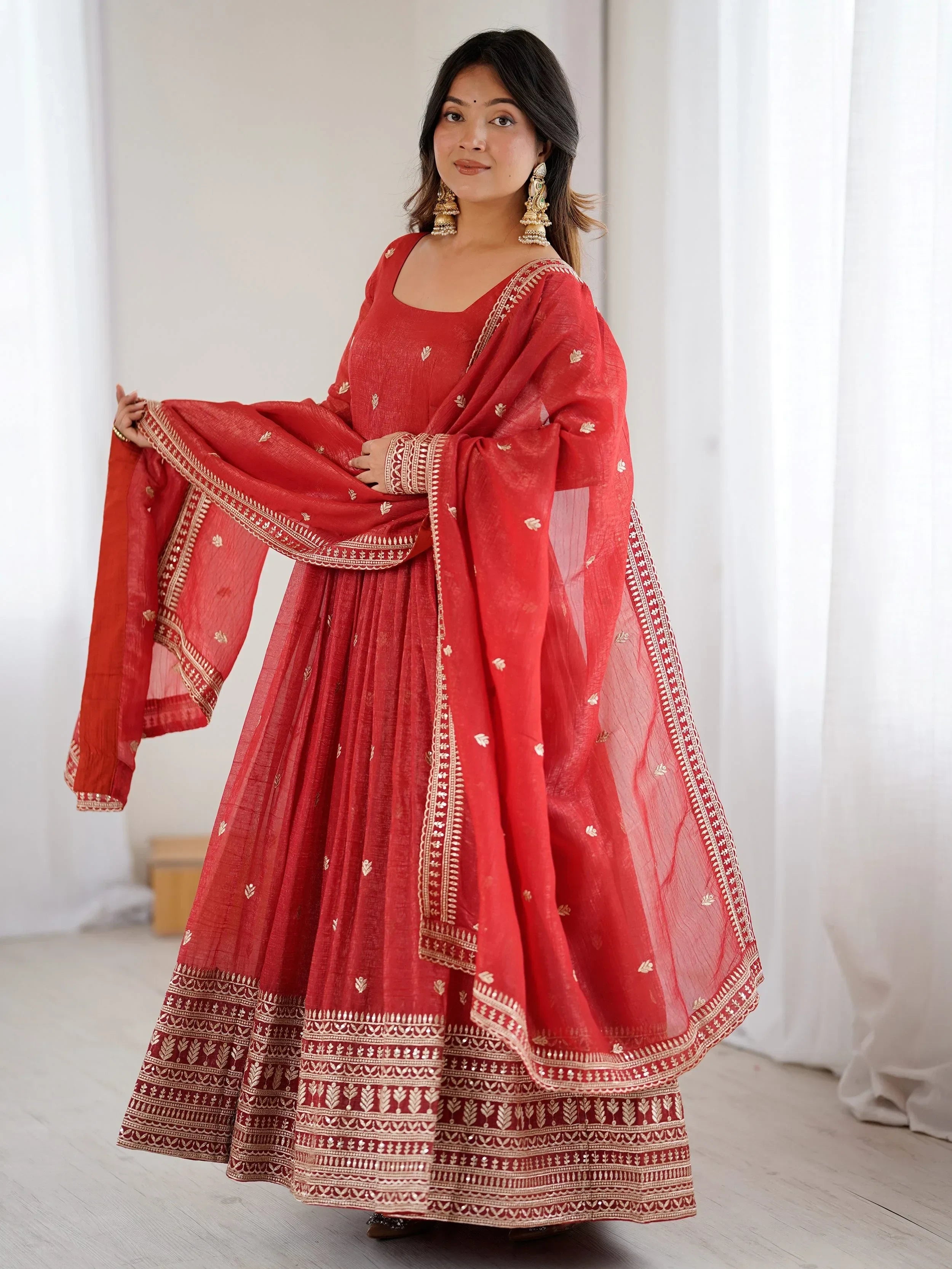 Fantastic Red Embroidered Silk Festive Wear Gown With Dupatta