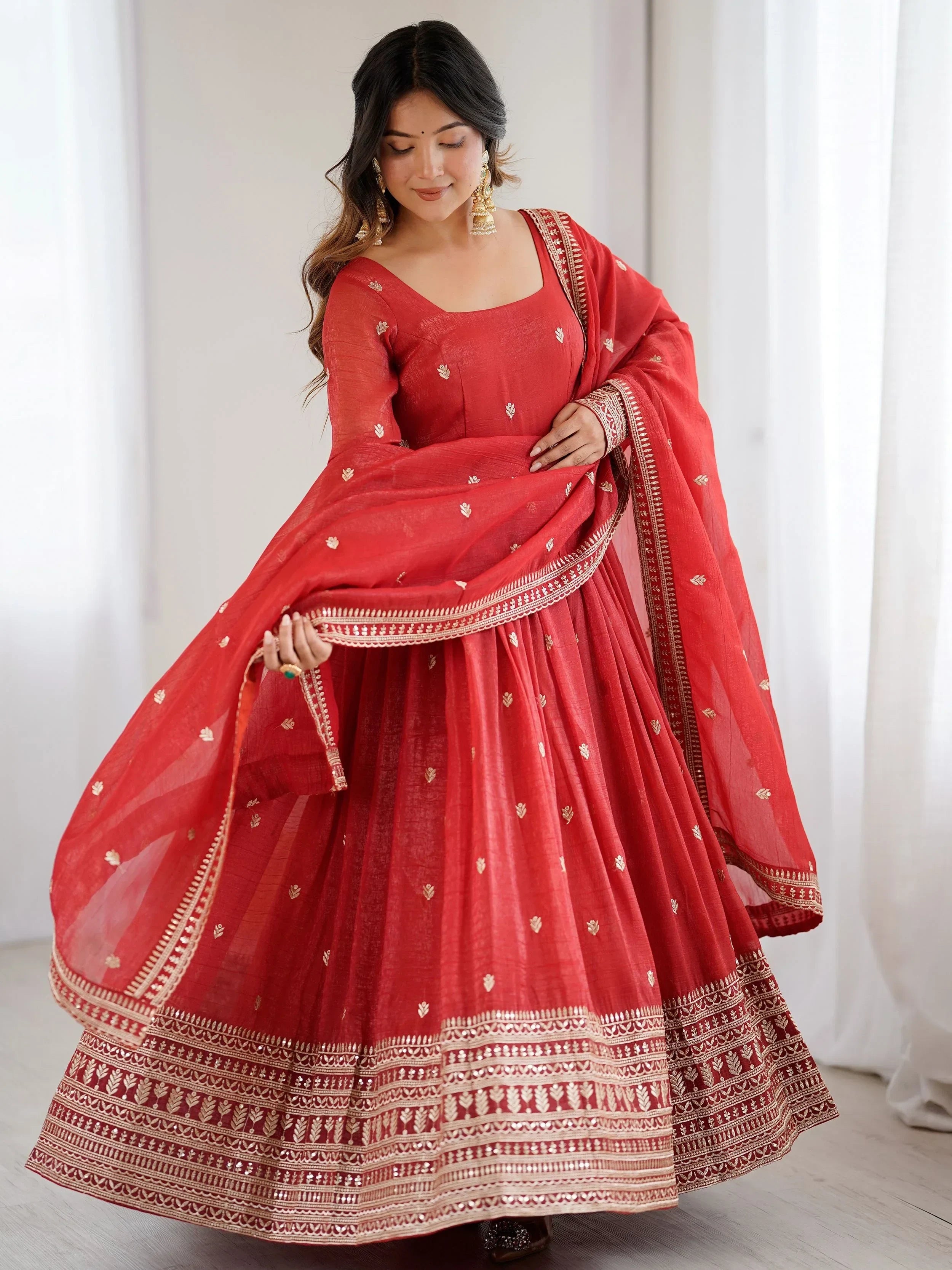 Fantastic Red Embroidered Silk Festive Wear Gown With Dupatta