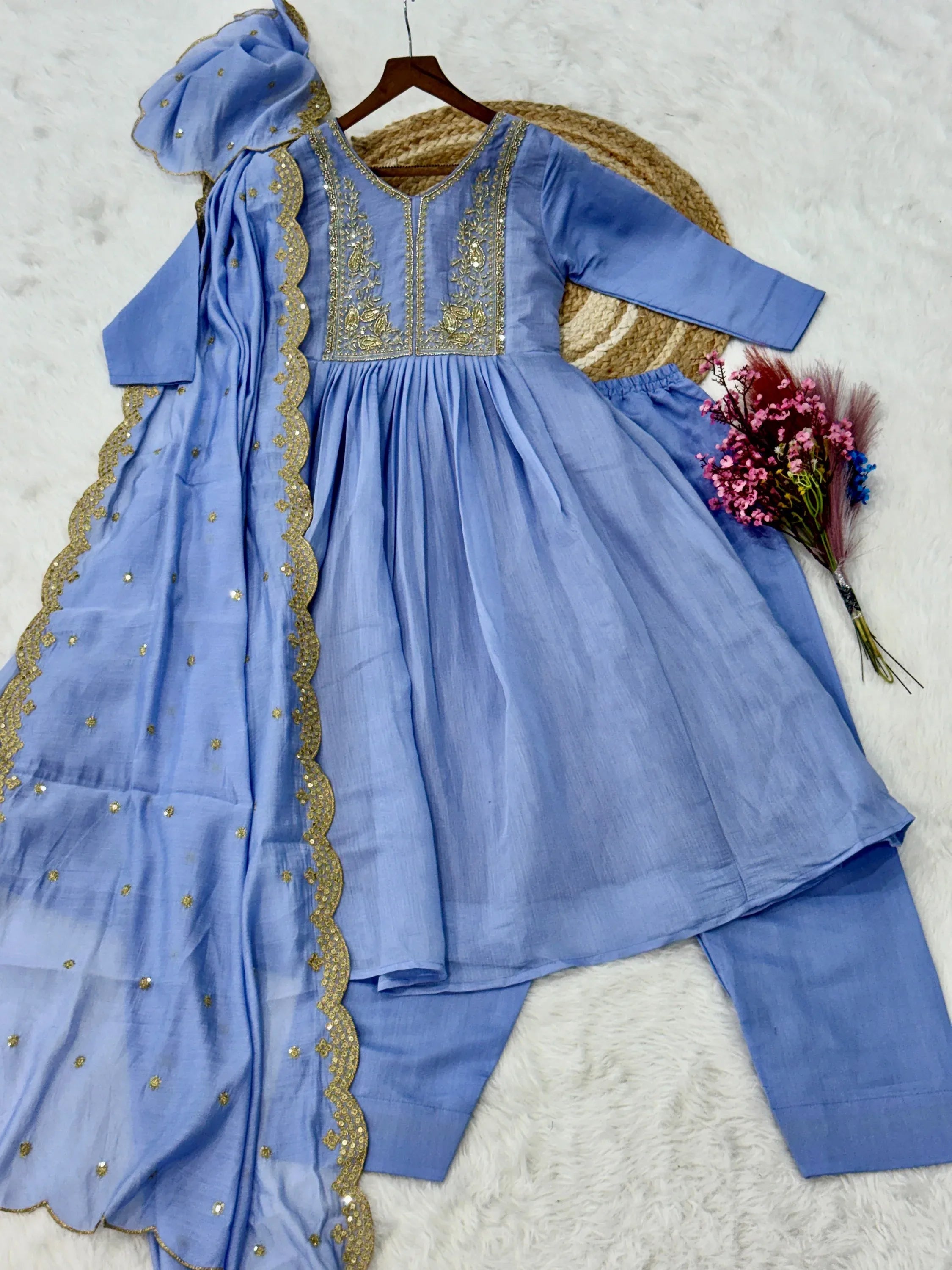 Awesome Sky Blue Bead Embroidered Chanderi Event Wear Salwar Kameez