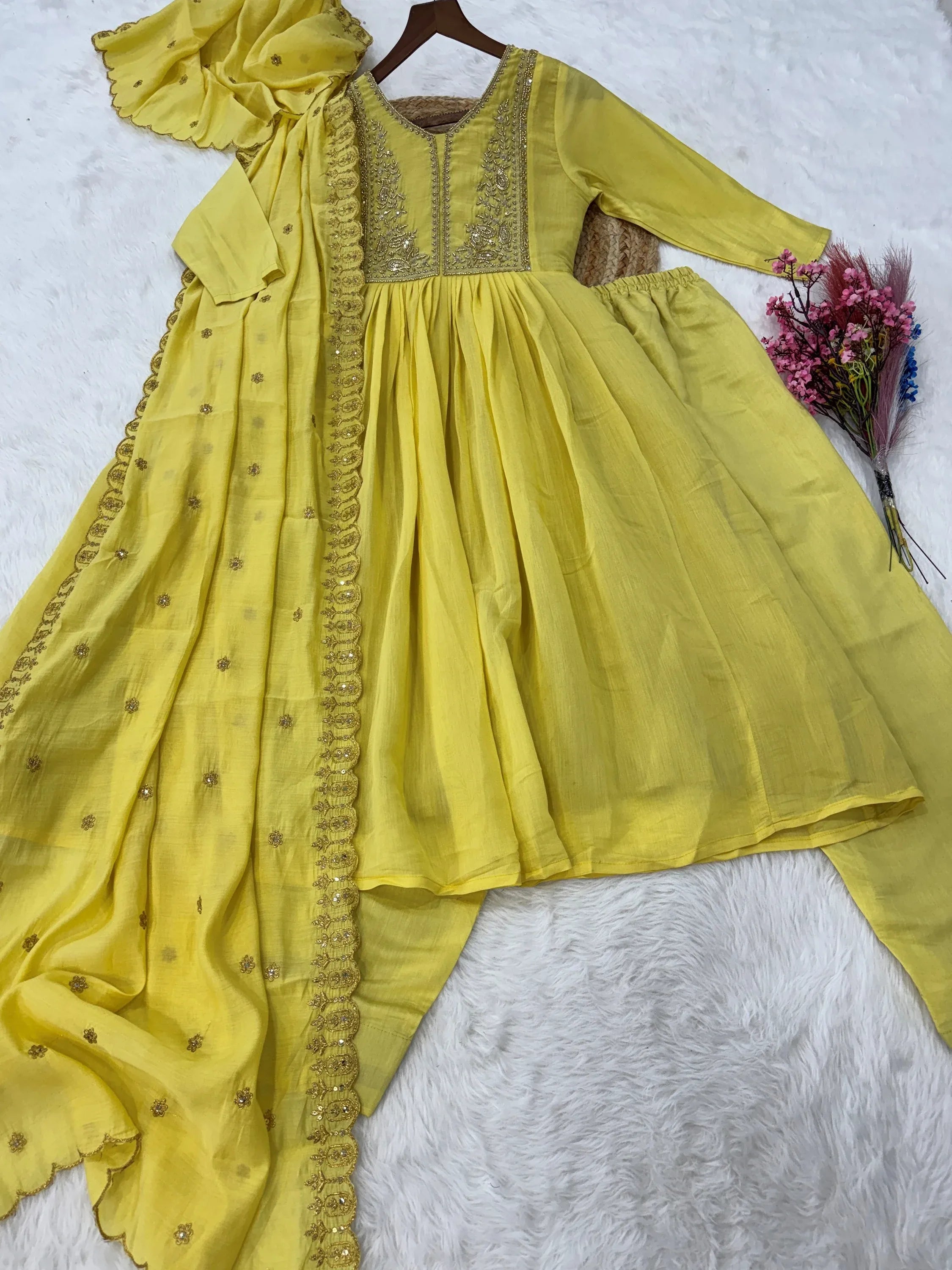 Superb Yellow Bead Embroidered Chanderi Haldi Wear Salwar Kameez
