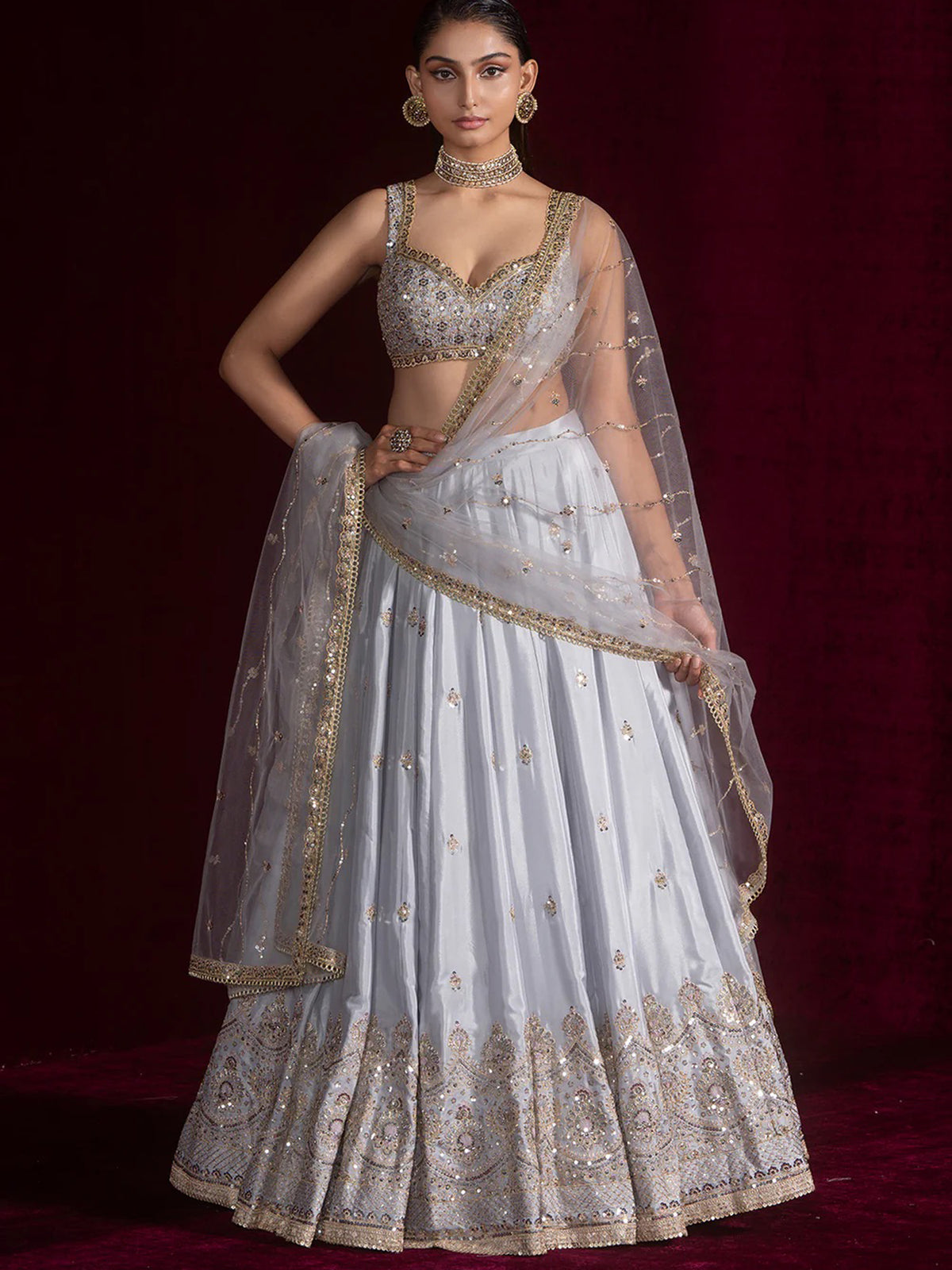 Stunning Grey Zari Work Satin Wedding Wear Lehenga Choli With Dupatta
