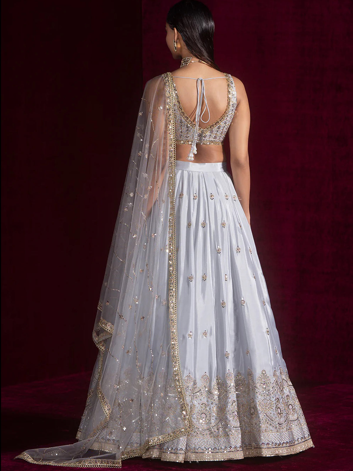 Stunning Grey Zari Work Satin Wedding Wear Lehenga Choli With Dupatta