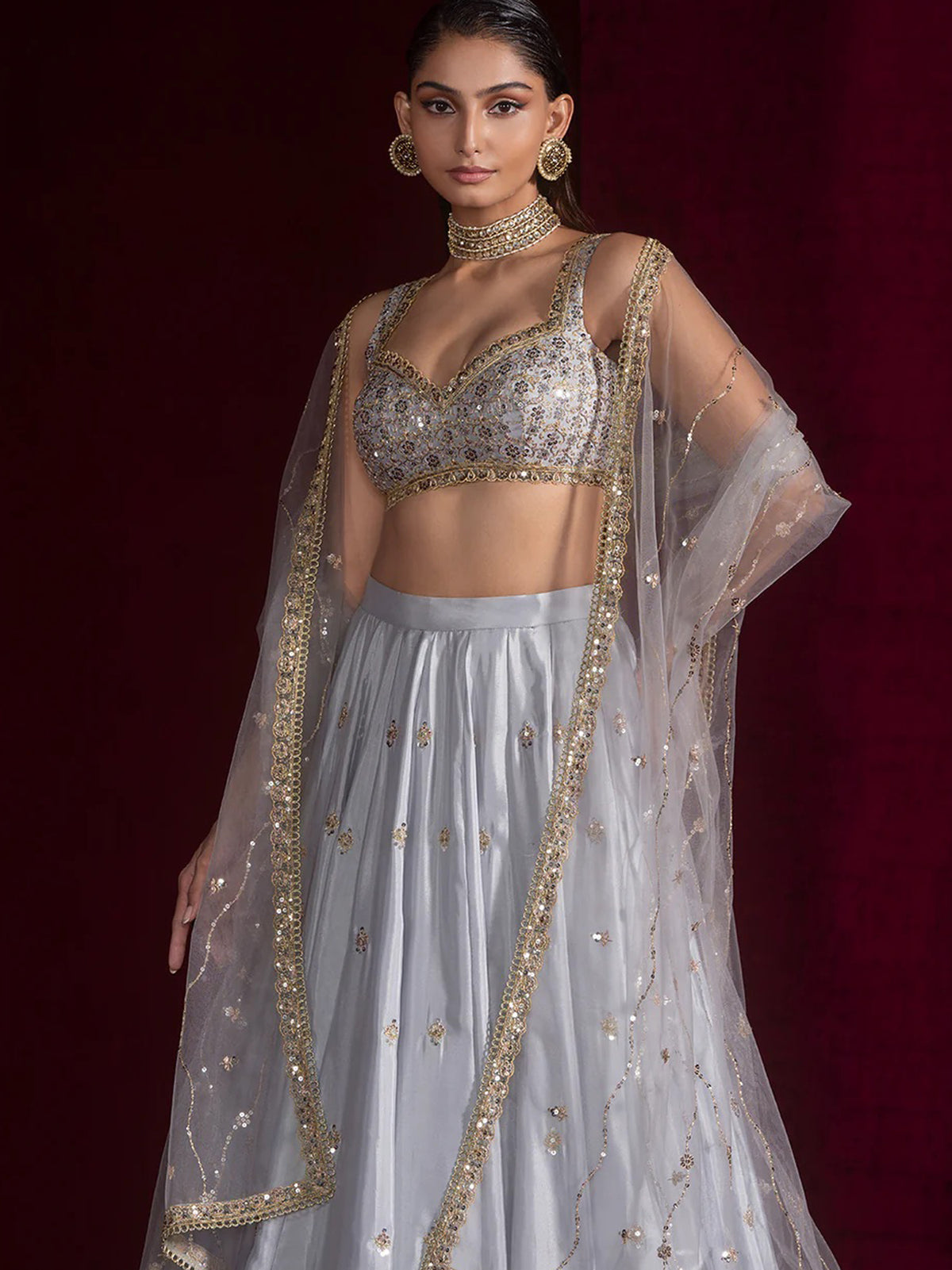Stunning Grey Zari Work Satin Wedding Wear Lehenga Choli With Dupatta