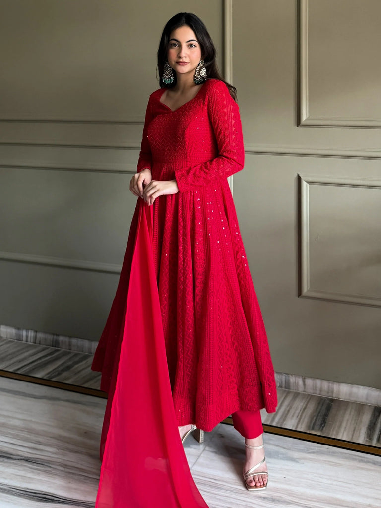Amazeballs Red Thread Work Georgette Wedding Wear Anarkali Pant Suit