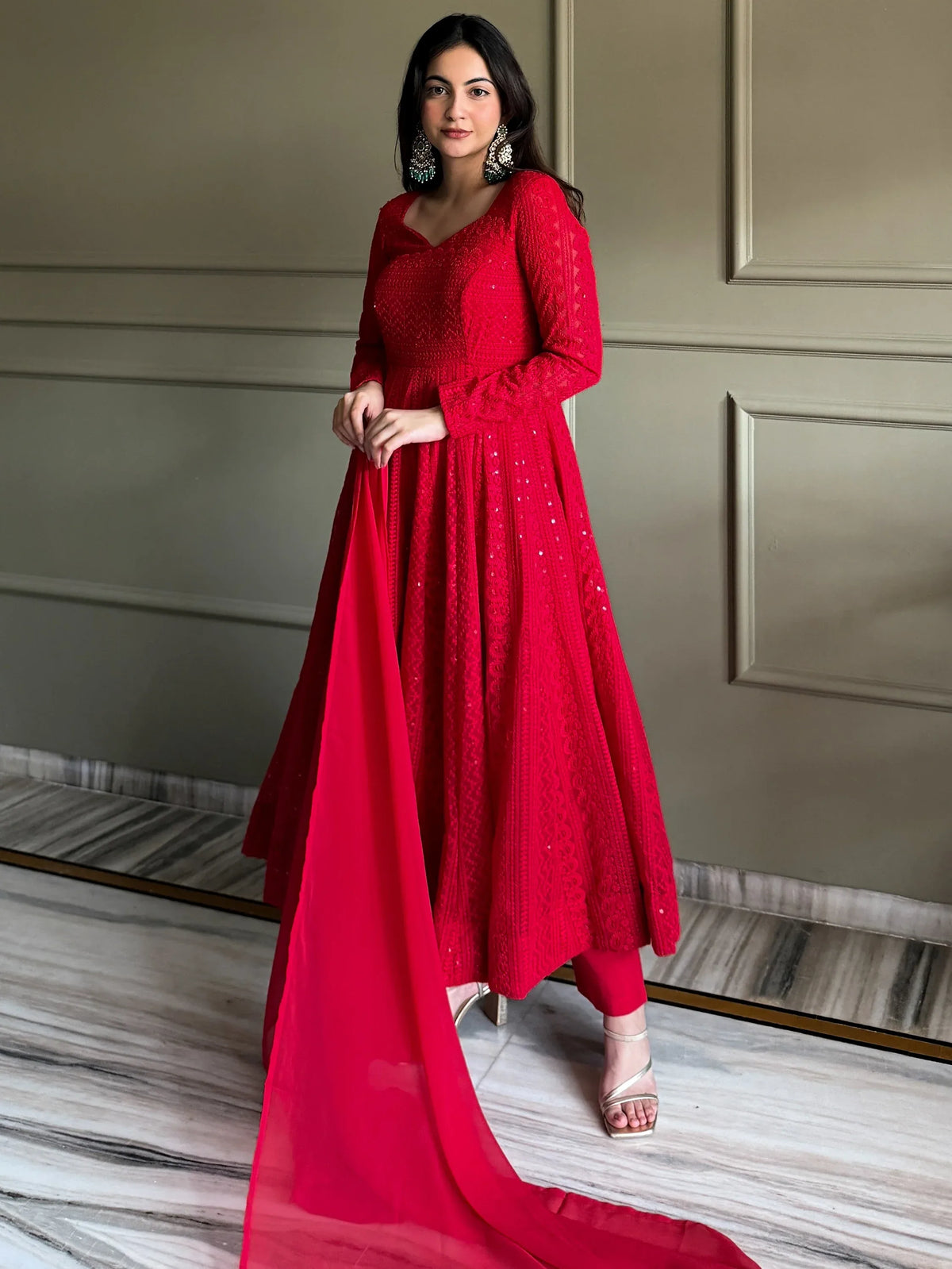 Amazeballs Red Thread Work Georgette Wedding Wear Anarkali Pant Suit