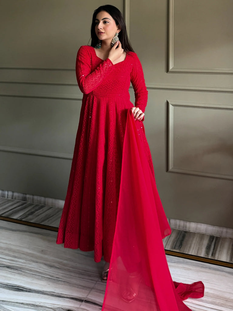 Amazeballs Red Thread Work Georgette Wedding Wear Anarkali Pant Suit